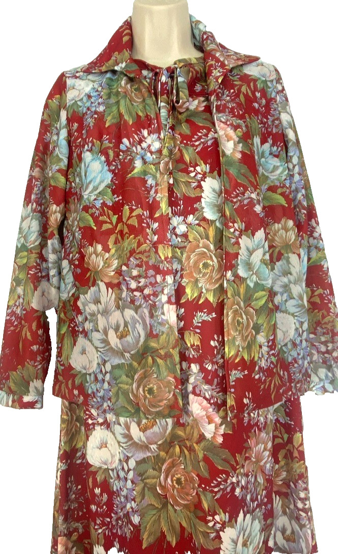 Vintage 1970s red floral midi dress set long sleeve shirt blouse maroon