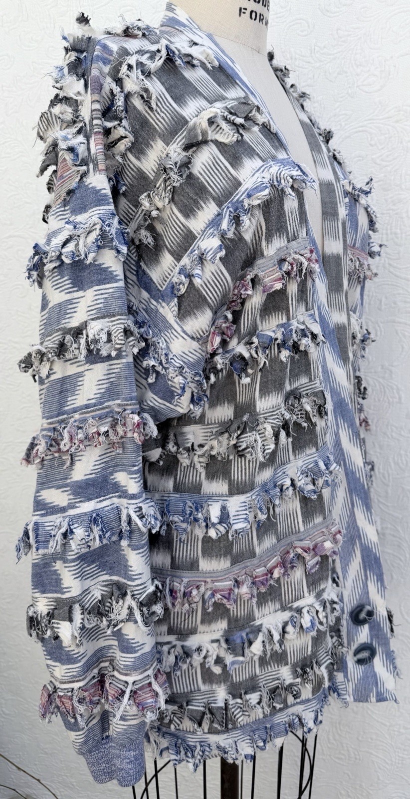 Paula Sweet Muslin Mink Ikat Lightweight Cotton Gray White Blue Jacket LARGE