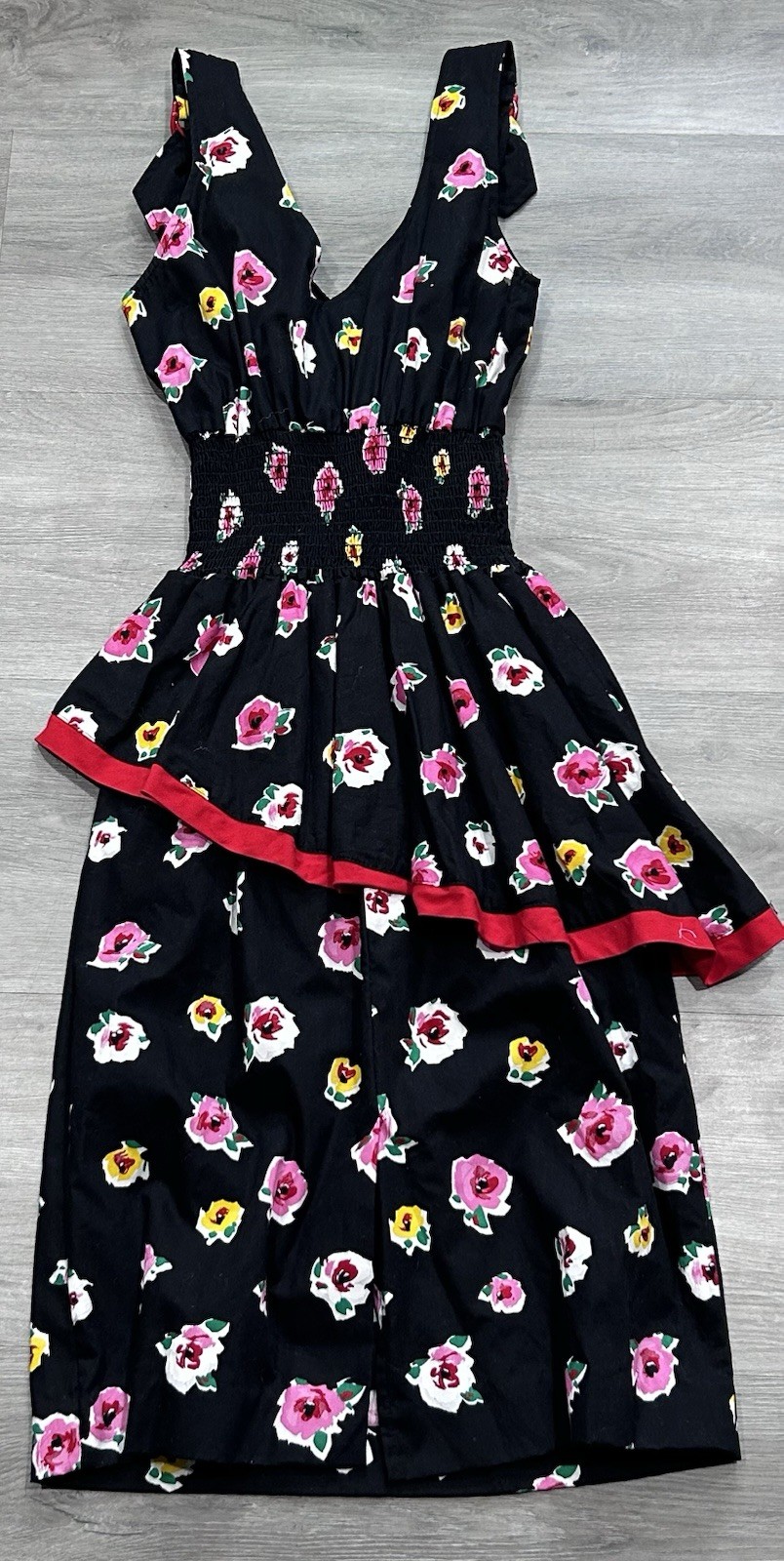 Vtg CHOON California Floral Dress 100% Cotton Smocked Waist Asymmetric Peplum 8