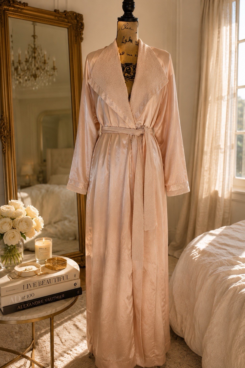 Vintage Valentino Intimo Pink Robe L Union Made USA Satin Trim Belt Long Bridal