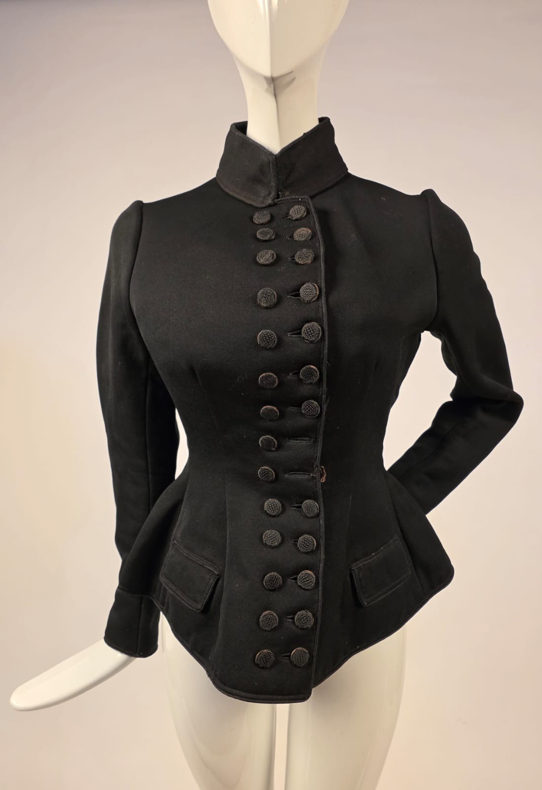 VICTORIAN 19TH C BLACK THICK JERSEY DBLE BUTTON BUSTLE BACK JACKET