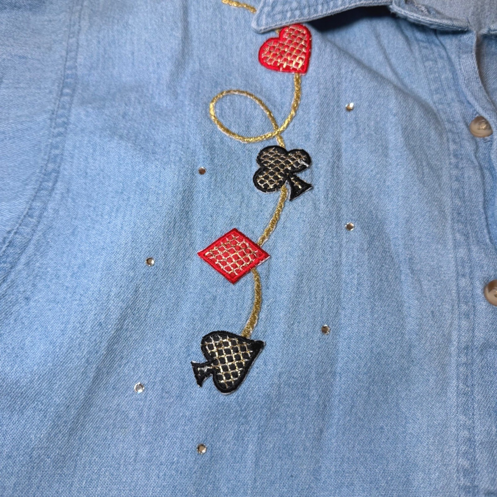 Vintage ⁠Las Olas Womens Size XL Denim Shirt Blue Embroidered Casino Card Dice