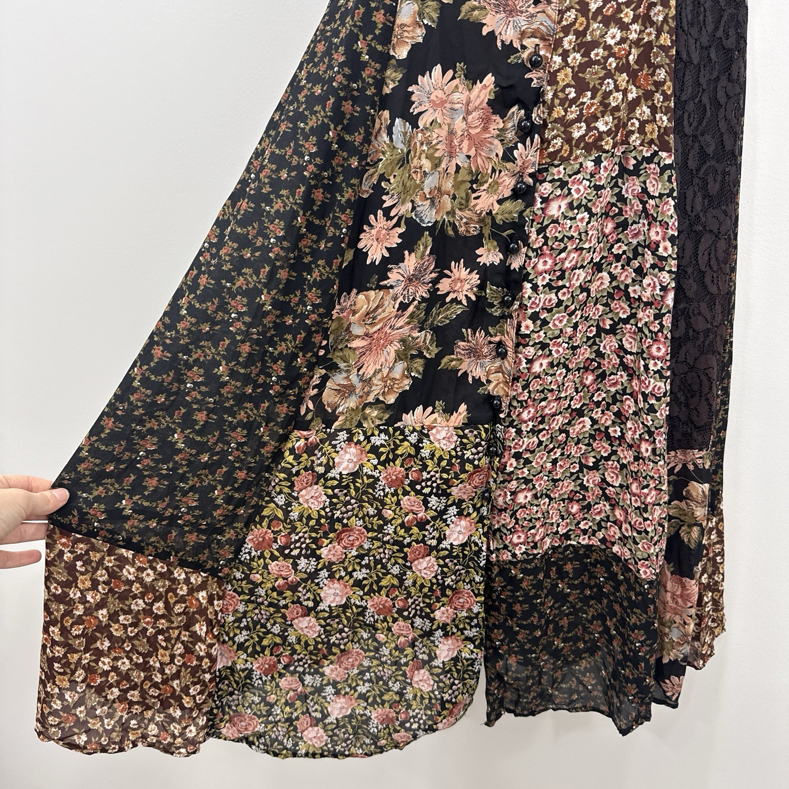 VTG 90s Express Patchwork Maxi Dress M Country Prairie Cottagecore Forest Fairy