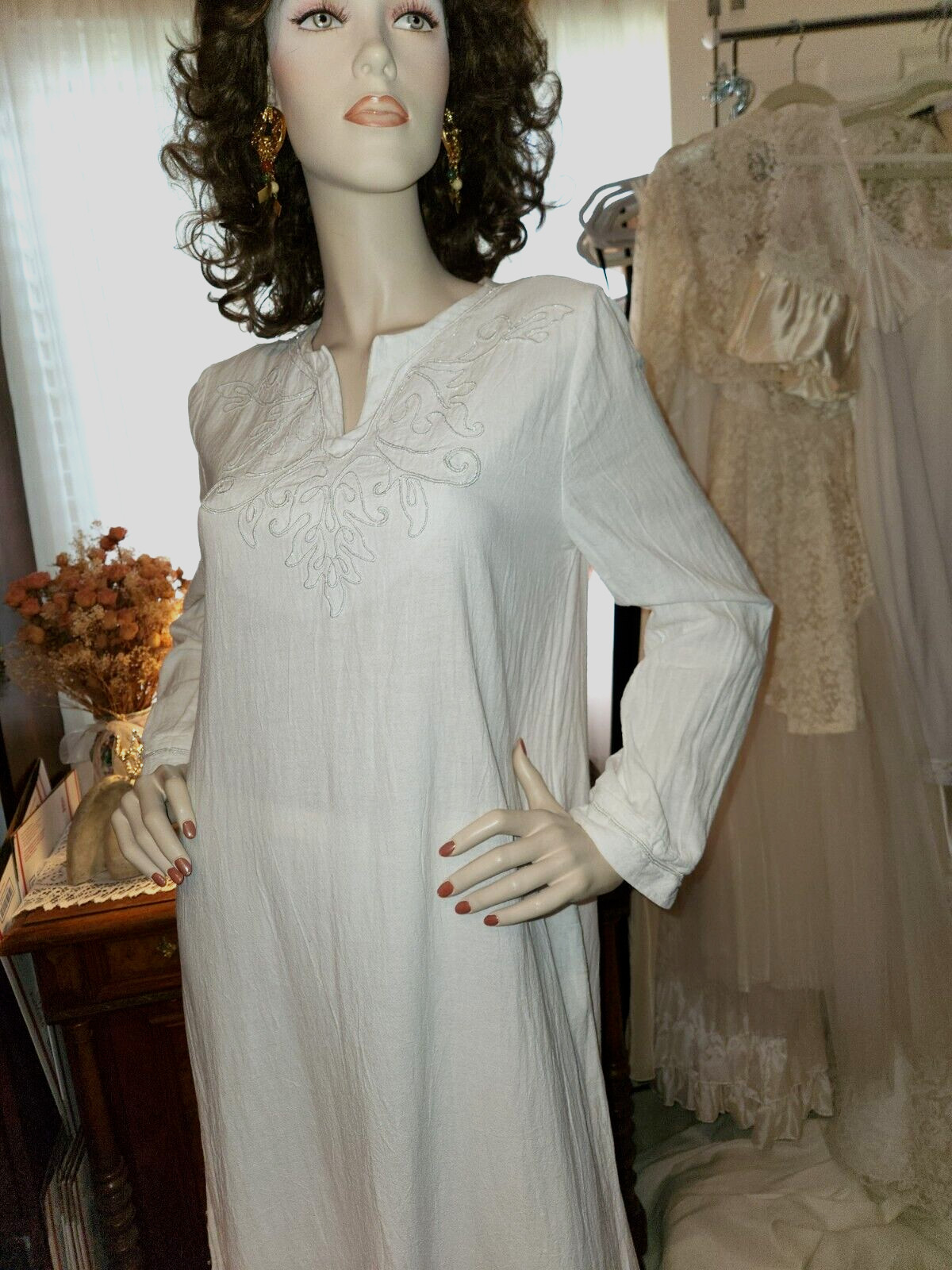 Vtg Georgette Trabolsi Saks Fifth Avenue White Crinkle Hostess Gown Robe Dress S