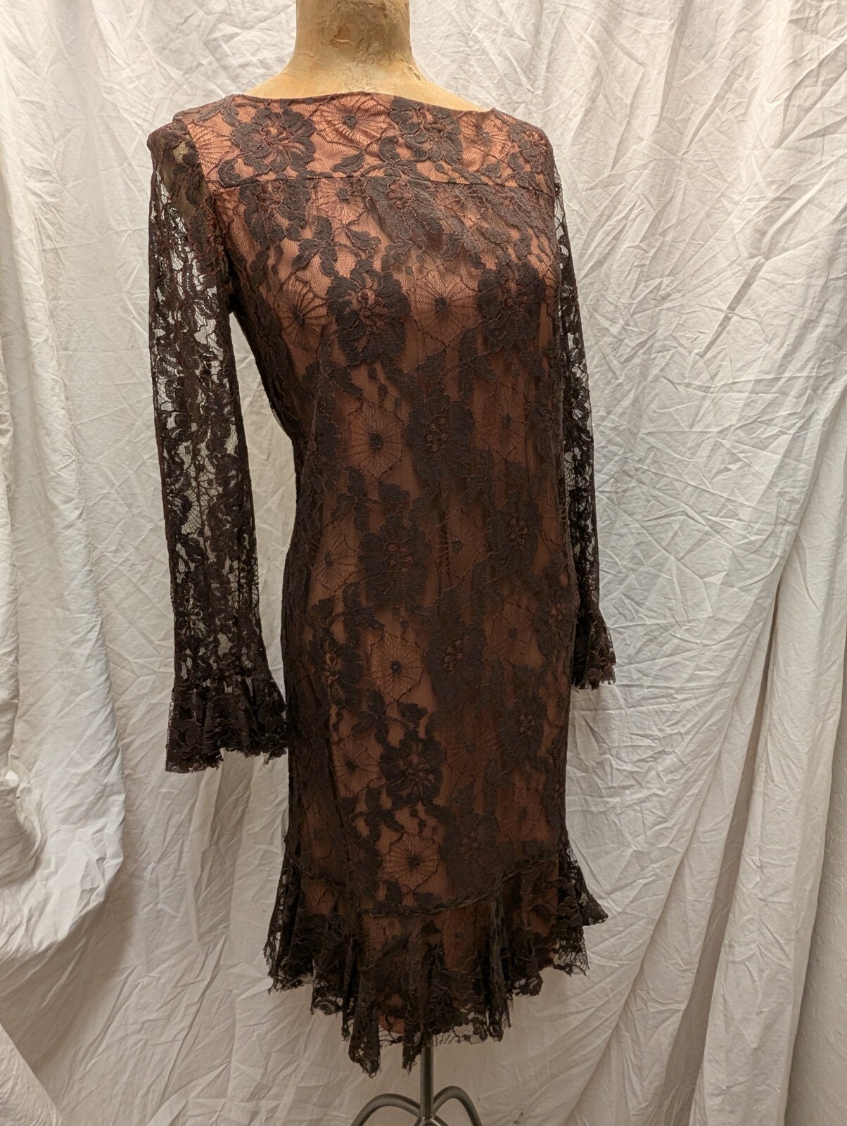 60’s Brown Lace Pale Orange Acetate Mod Cocktail Dress by Johnnye Small
