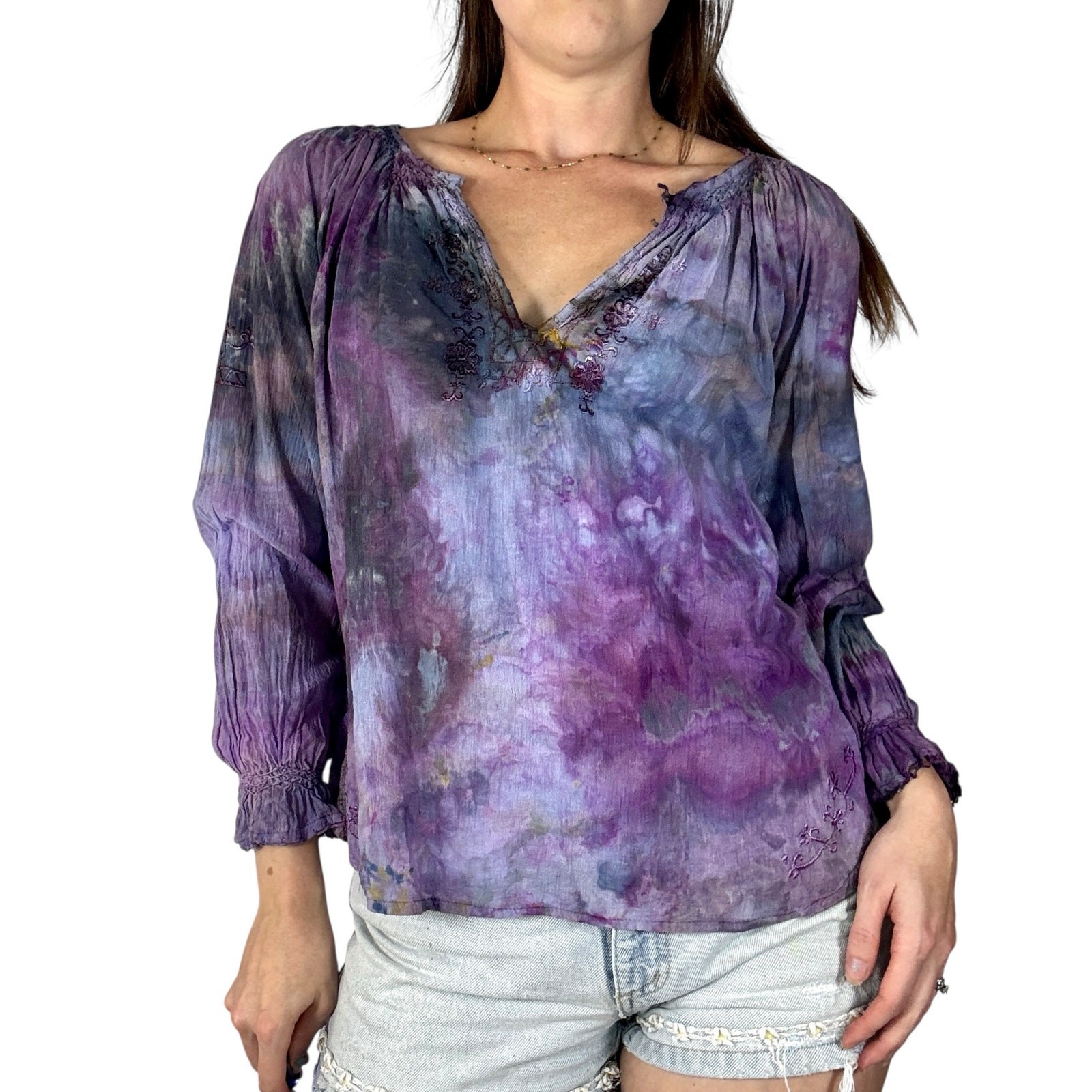 Vintage 1970s Hand Dyed STAR OF INDIA Cotton Smocked Boho Blouse