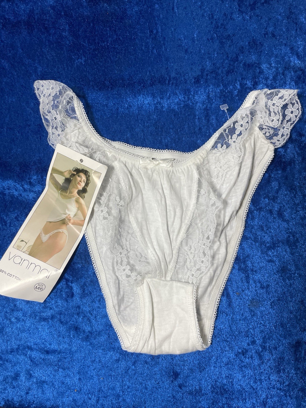 Vintage Van Mar Panties Size 6 Medium White Cotton High Cut Brief Lace Panty NWT