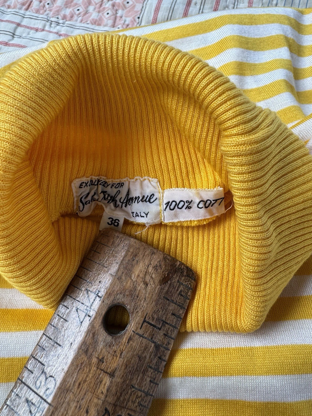 Vintage 1960s Striped Turtleneck Saks Fifth Avenue Yellow Long Sleeve T Shirt