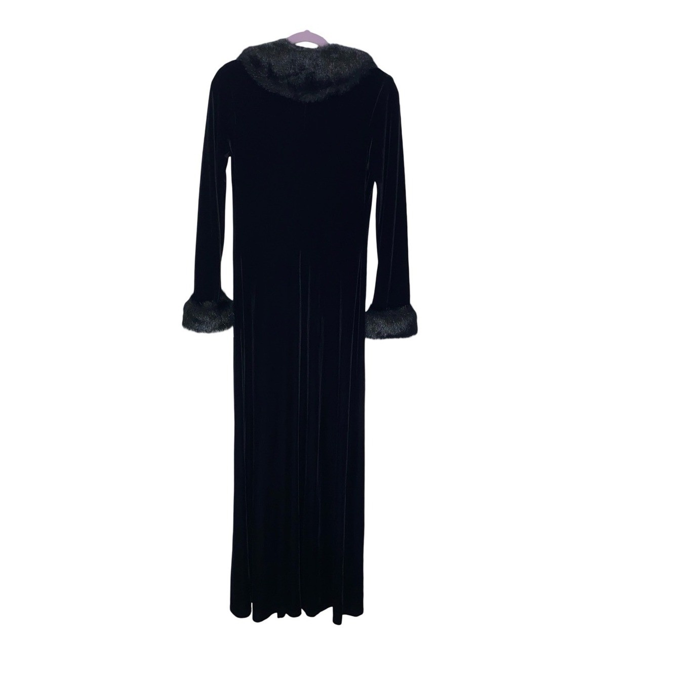 Vintage 90s Jump Apparel Black Velvet Faux Fur Trim Maxi Duster Cardigan