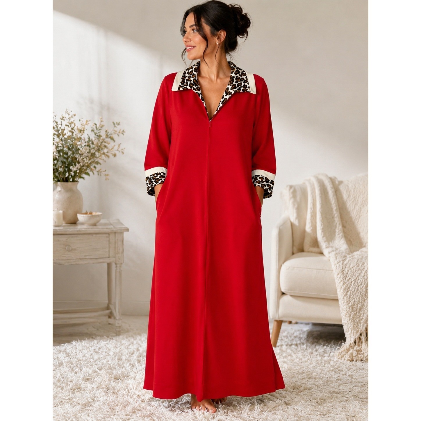 Vintage Vanity Fair House Dress Womens 14 Red Zip Front Leopard Hostess Gown