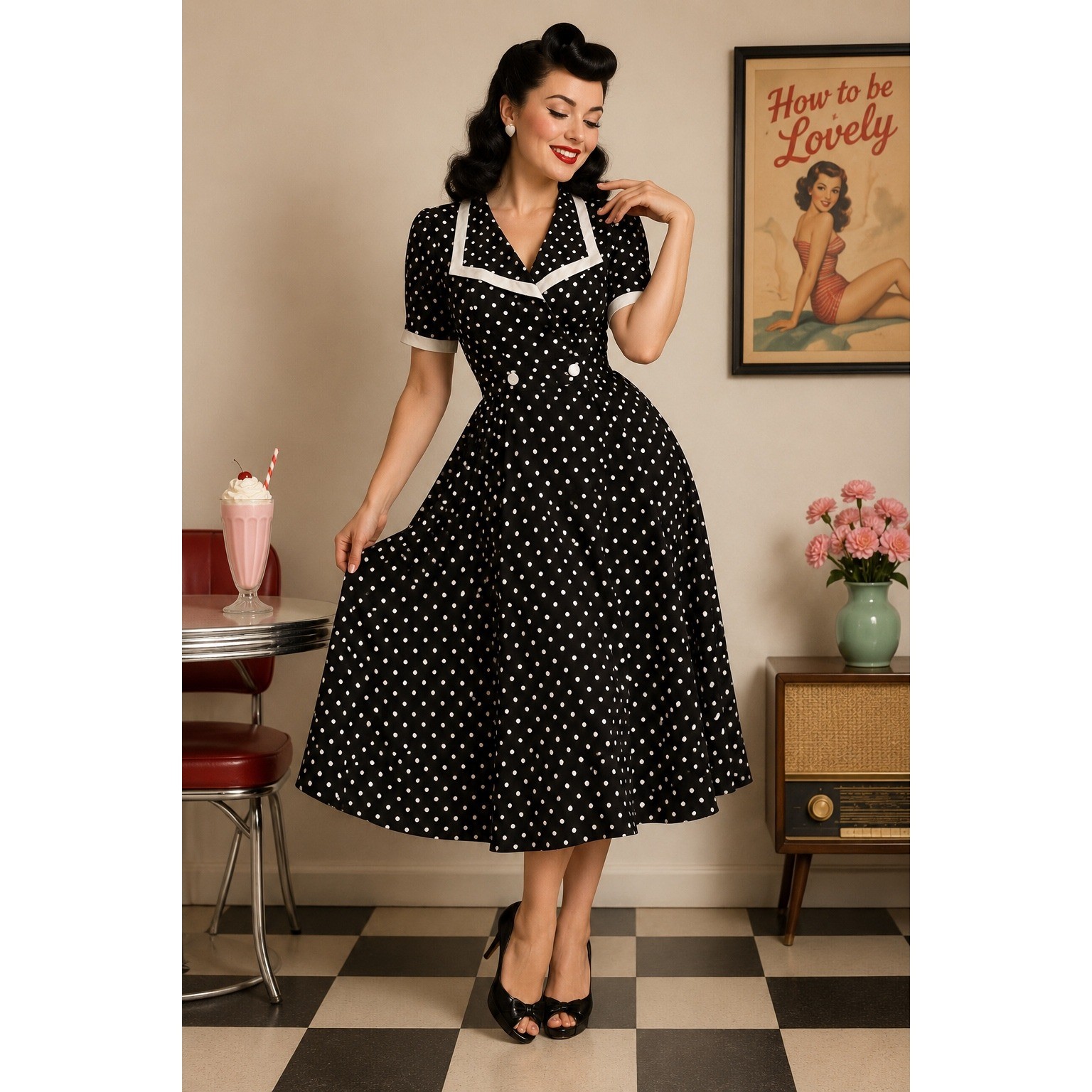REO Originals Vintage Polka Dot Sailor Dress Black White Pinup Rockabilly NWT 14
