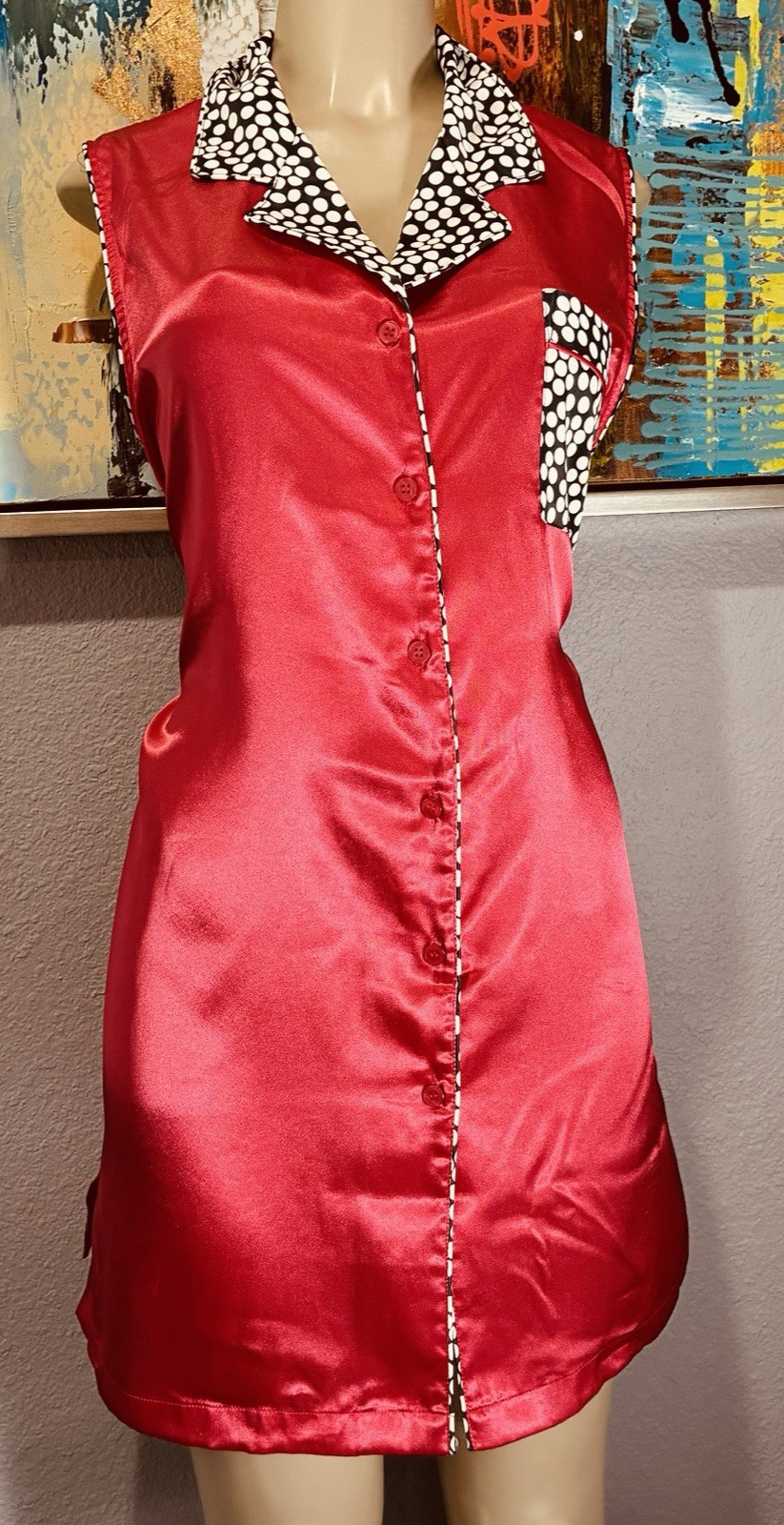 Vtg Coral Polka Dot Night Shirt Satin Nightgown XL