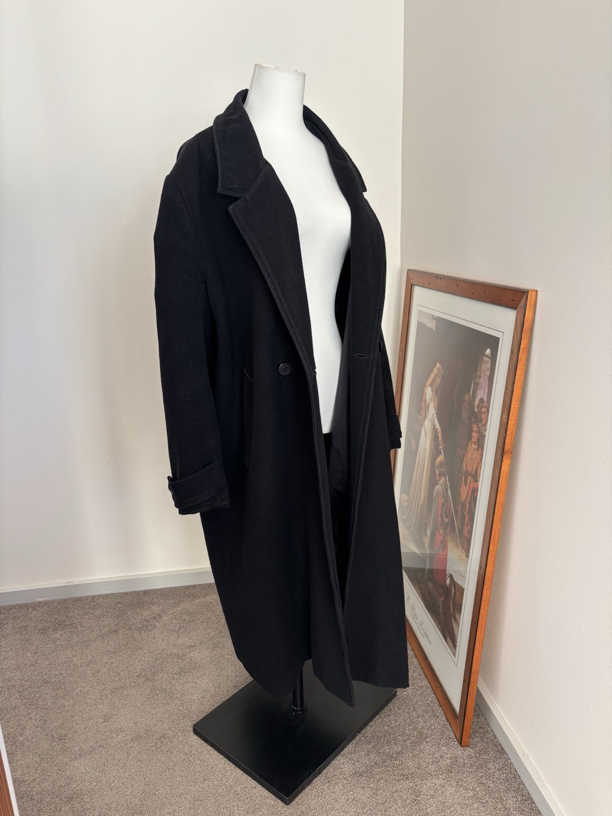 Vintage Riki Nathan Black Wool Cashmere Blend Longline Trench Coat M/L Business
