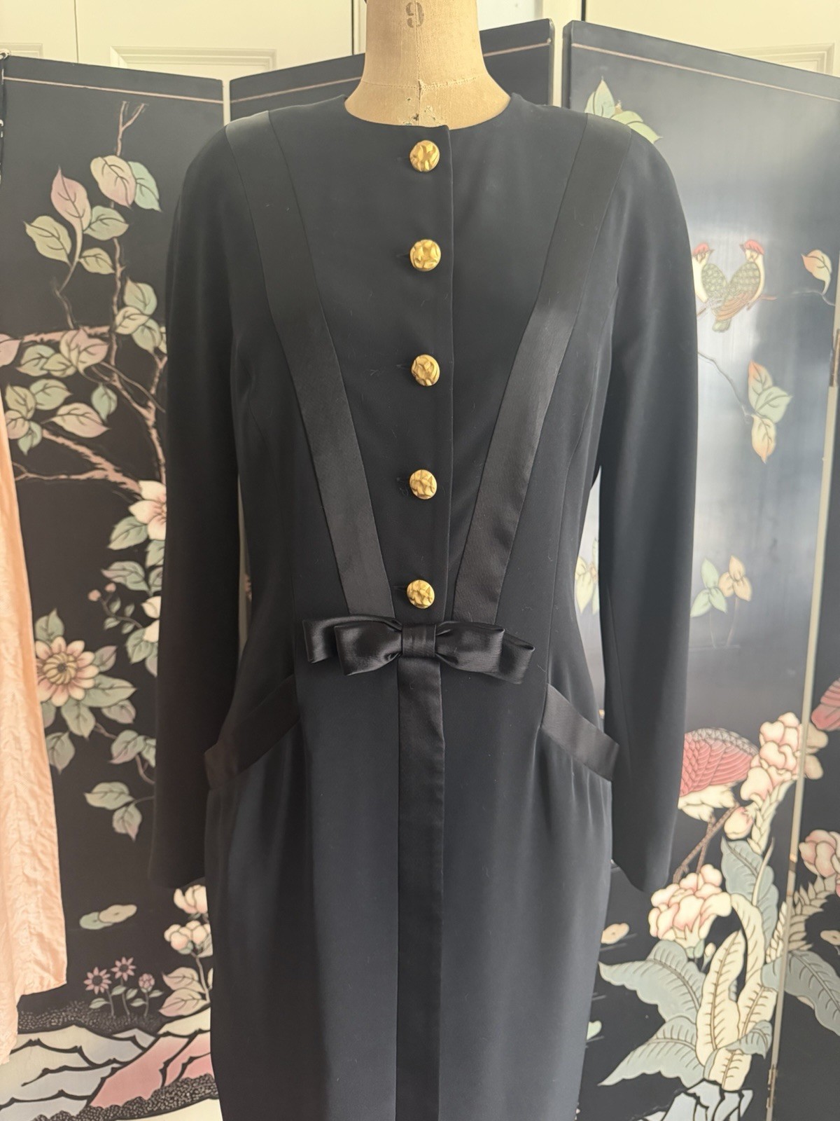 Vintage ‘80s Nipon Boutique Black Crepe & Satin Dress Long Sleeve Bow 8 Small