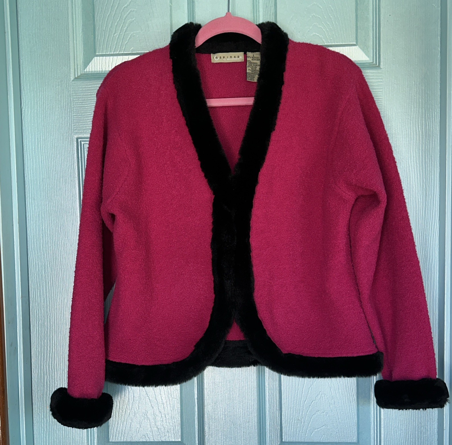 VTG Inspired By Bellepointe Fuscia Lambs Wool Cardigan Black Faux Fur Trim NICE