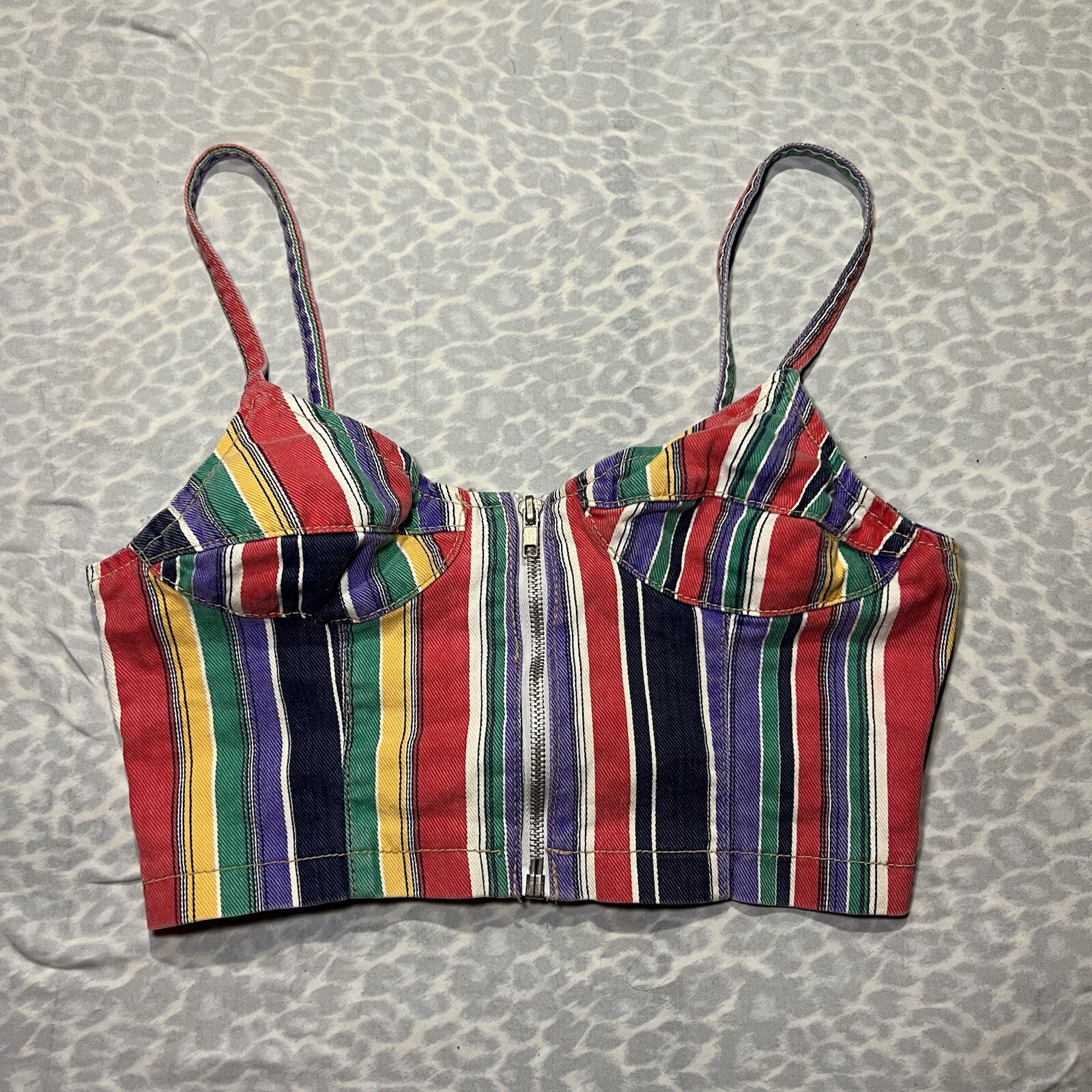 80s/90s Vintage Jackpot Blue Jean Denim Bustier Cropped Zip Up Striped Small 3