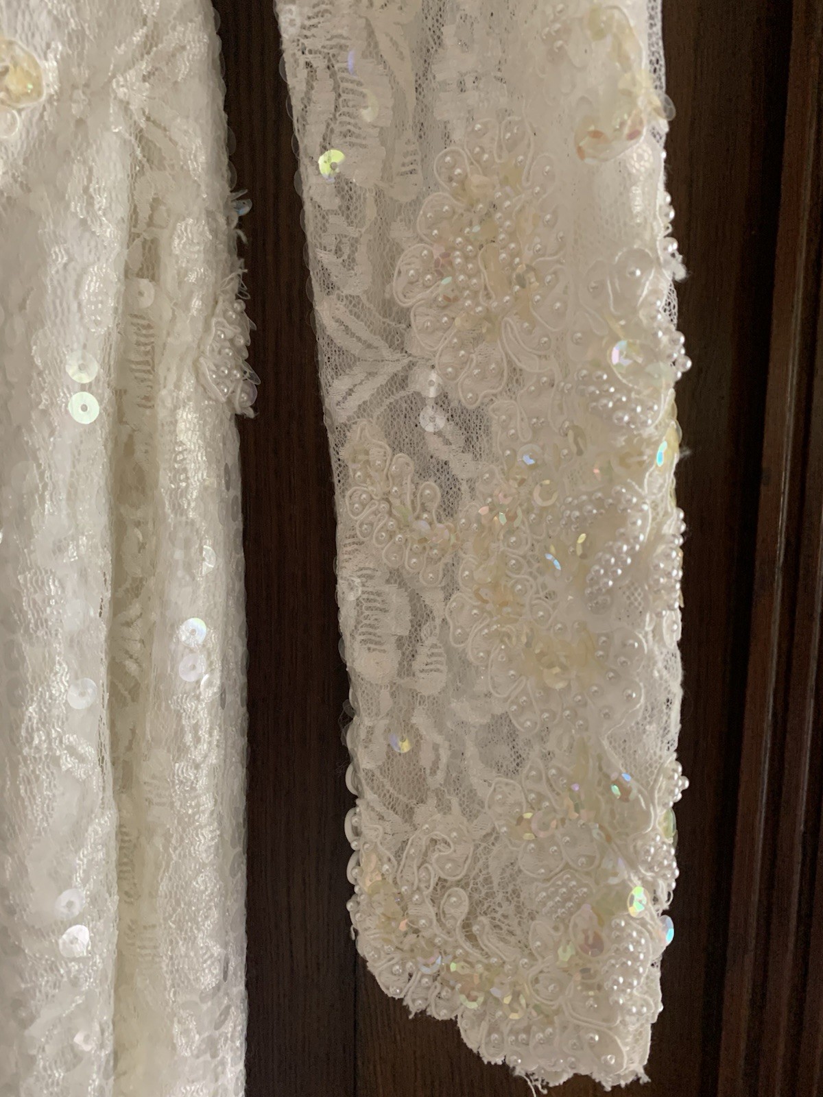Vintage 80’s-90’s Sequin Beaded Ivory Formal Dress Gown Bow Sleeves Wedding Prom