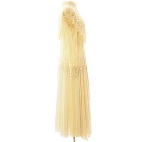 70s Vtg Jessica McClintock Ivory Lace Prairie Bridal Dress M Stand up Collar