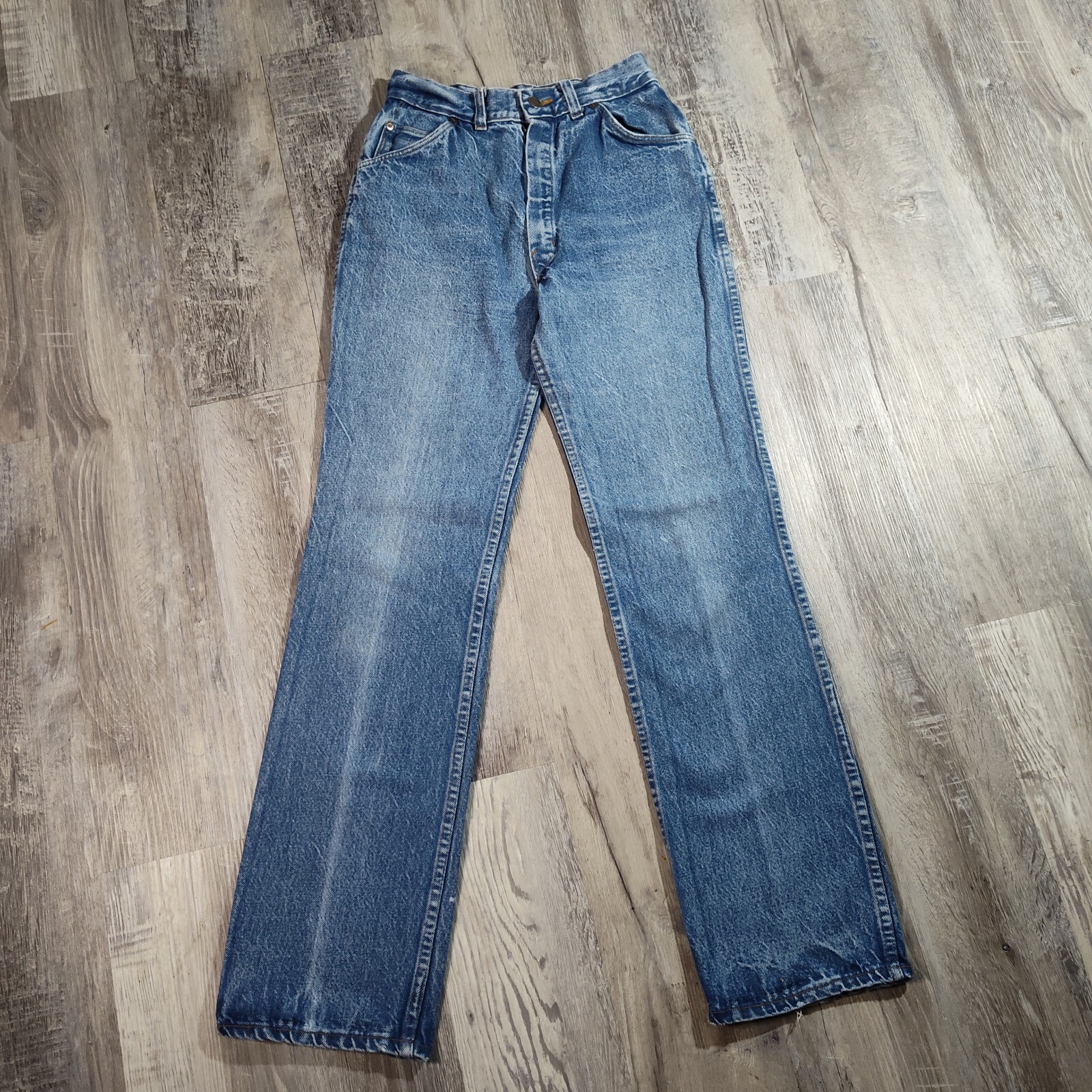 Vintage 70s Tour De France Blue Jeans 27×32 Embroidered Zip Straight USA Denim