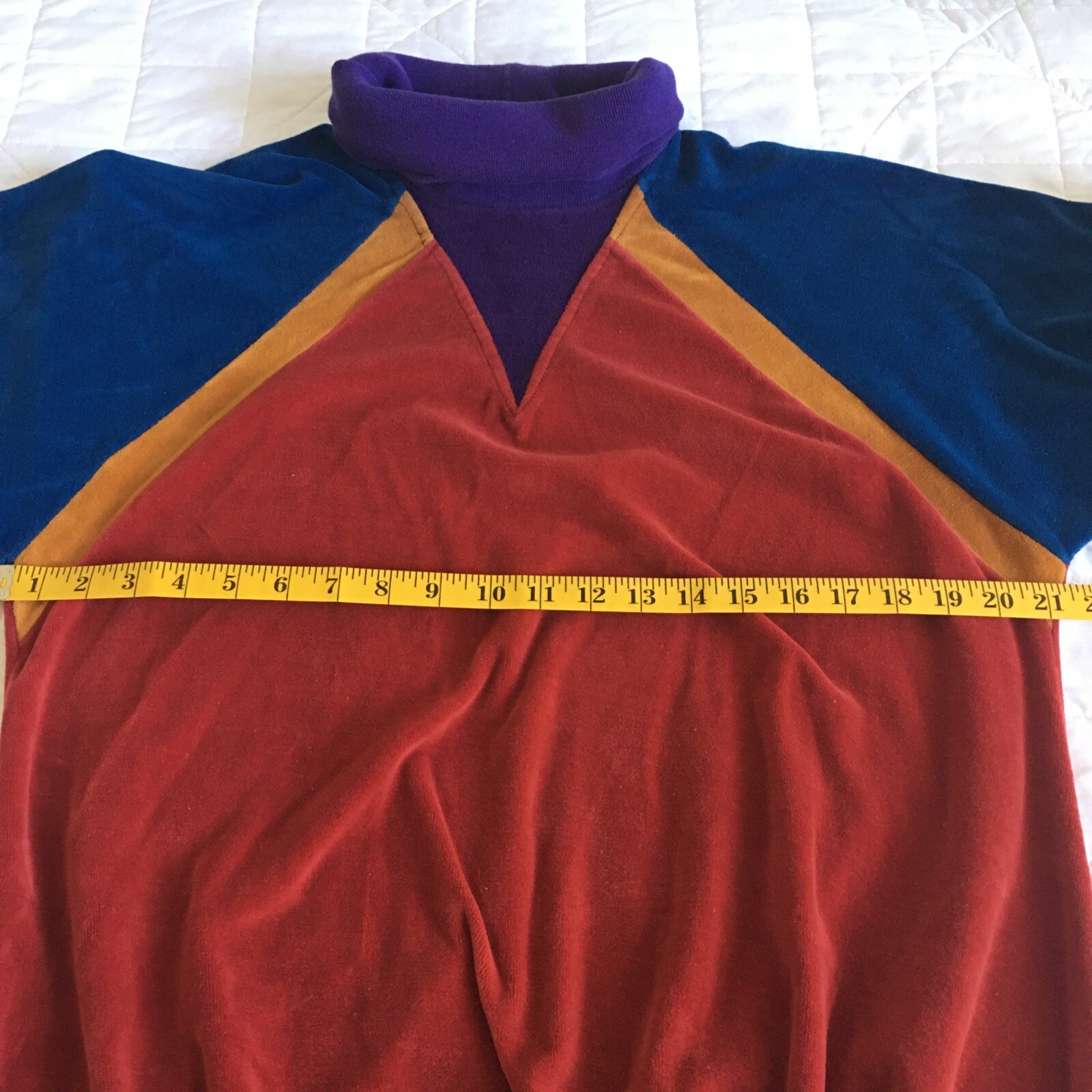 Hippie 80’s Woman’s Velour Tunic Pullover, Turtleneck, Long Sleeve, Color Block