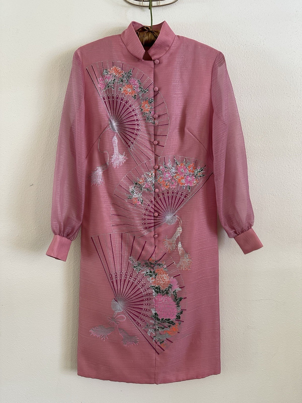Vintage 60s 70s Alfred Shaheen Pink Fan Print Hostess Shift Dress Sheer Sleeve