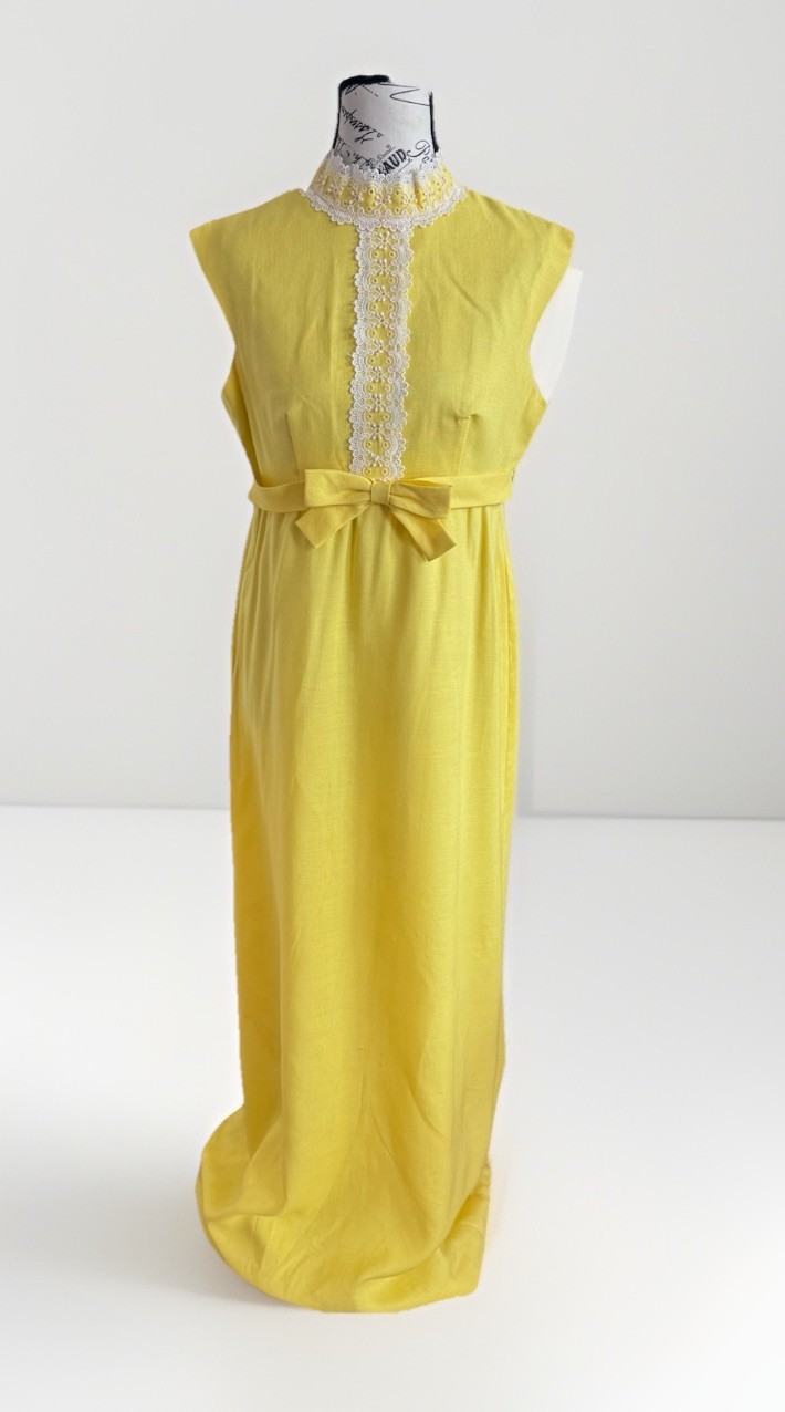 vintage 70s lorrie deb yellow bow lace maxi prairie cottage core mod dress ILGWU