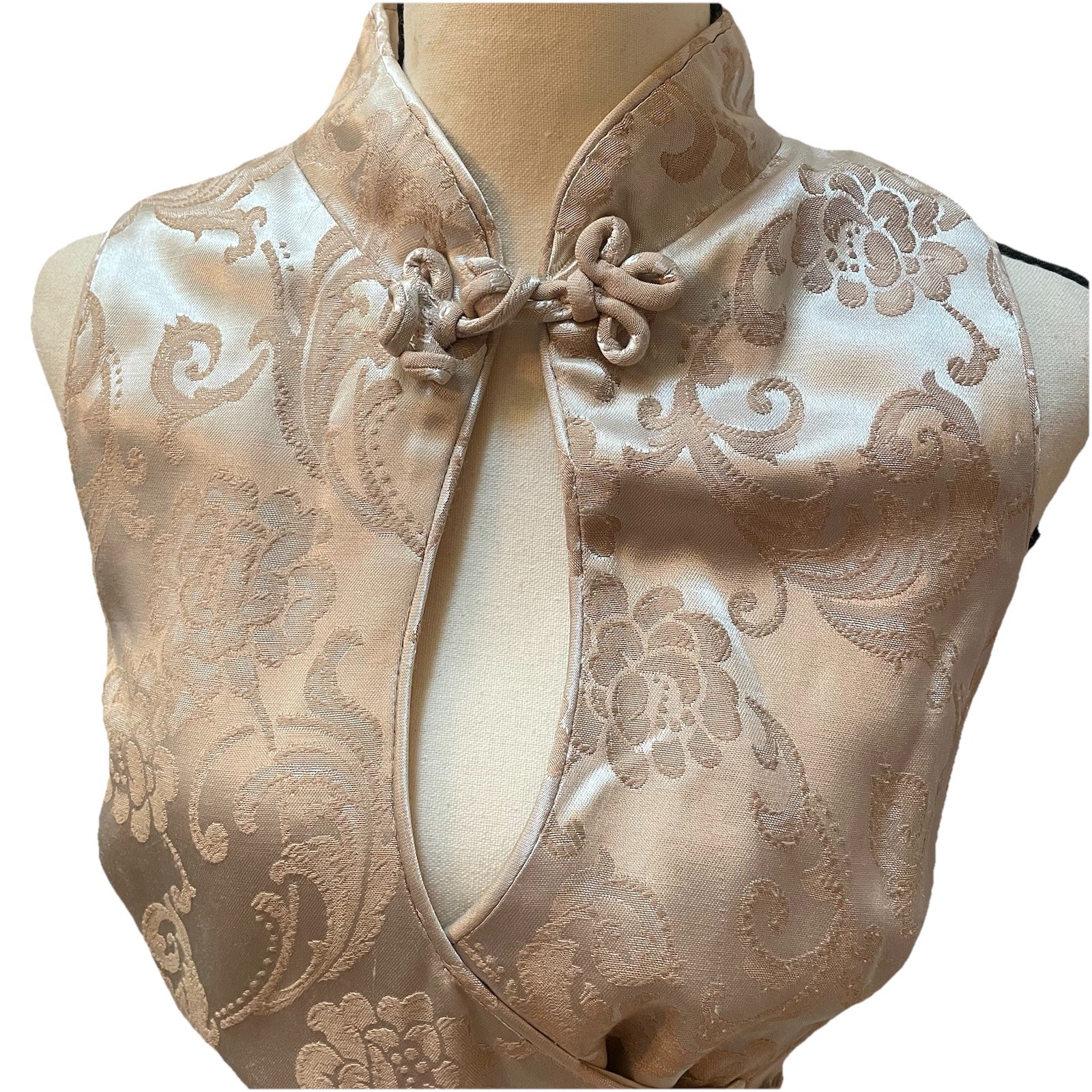 VTG 80s Niki Originals Brocade Cheongsam Maxi Gown Dress Gold Beige 14 Coquette