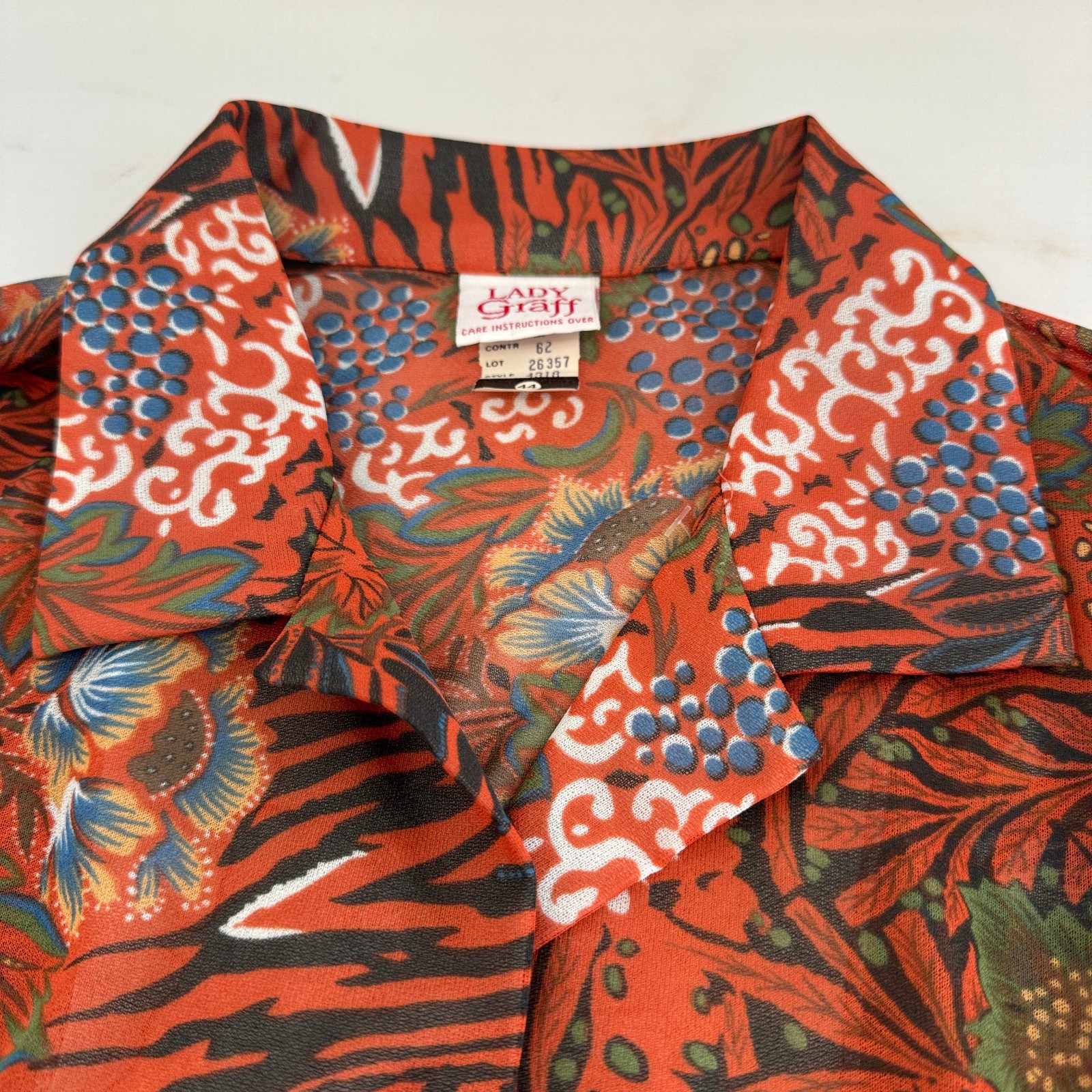 Vintage 70s Floral Psychedelic Blouse Top Orange Blue Women Size 44 See Through
