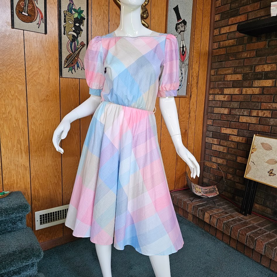 Vtg 80s Pride Pastel Rainbow Plaid Puff Sleeve Shirtwaist Full Skirt Dress S/M