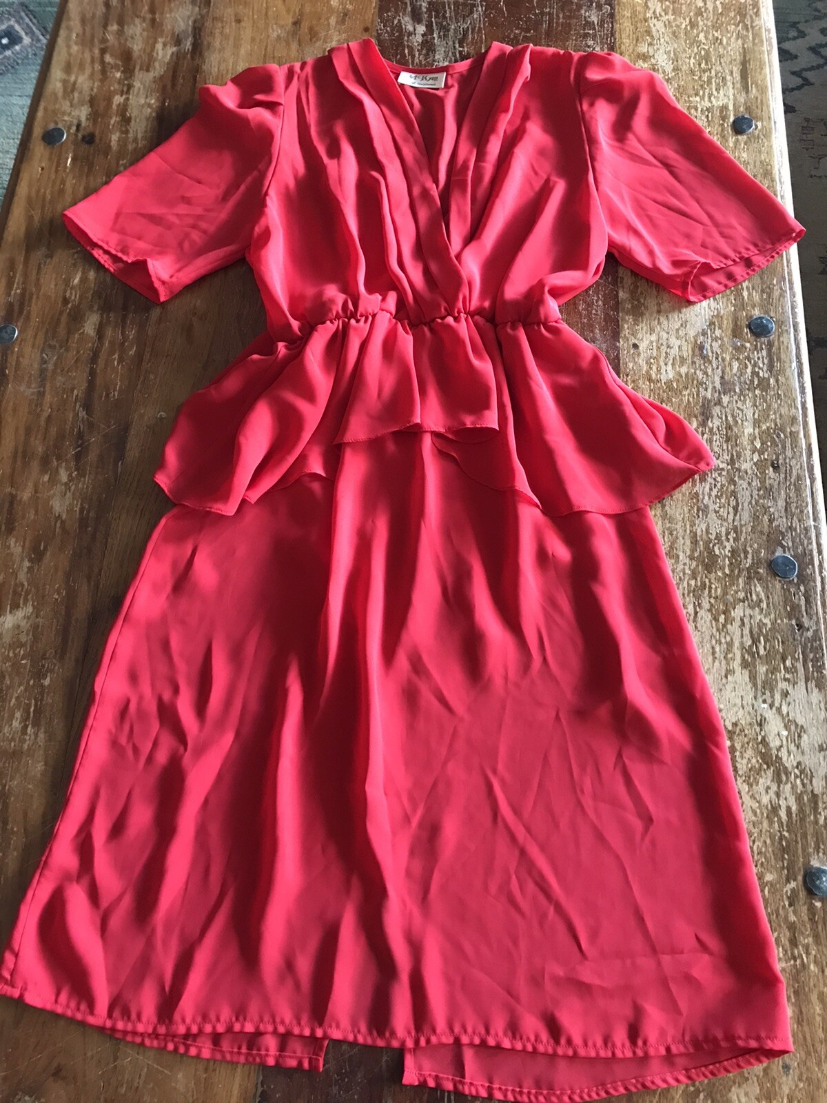 vtg 80s red peplum chiffon dress secretary disco day to night look