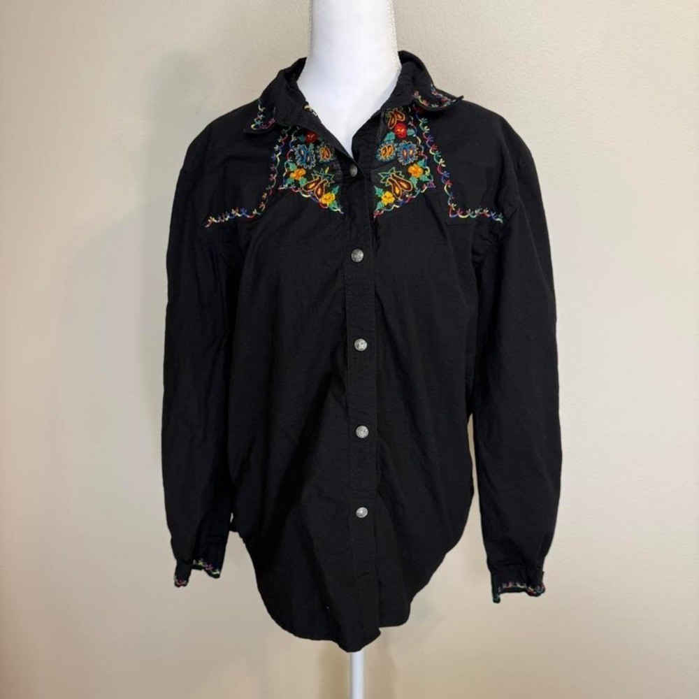 Black Embroidered Western Floral Button Up Top Women’s Sz L Country Cowgirl