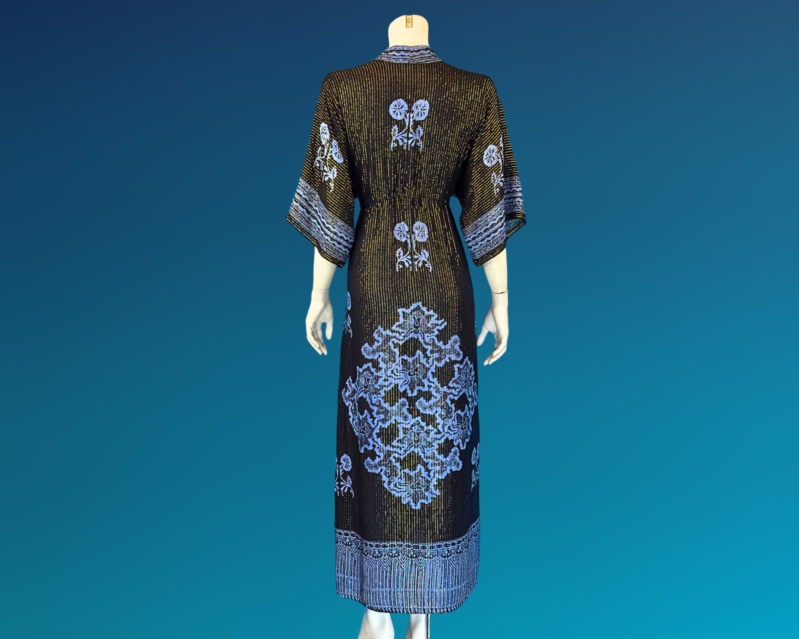 90s Gold Metallic Stripe Black and Blue Rayon Kaftan Dress | S M