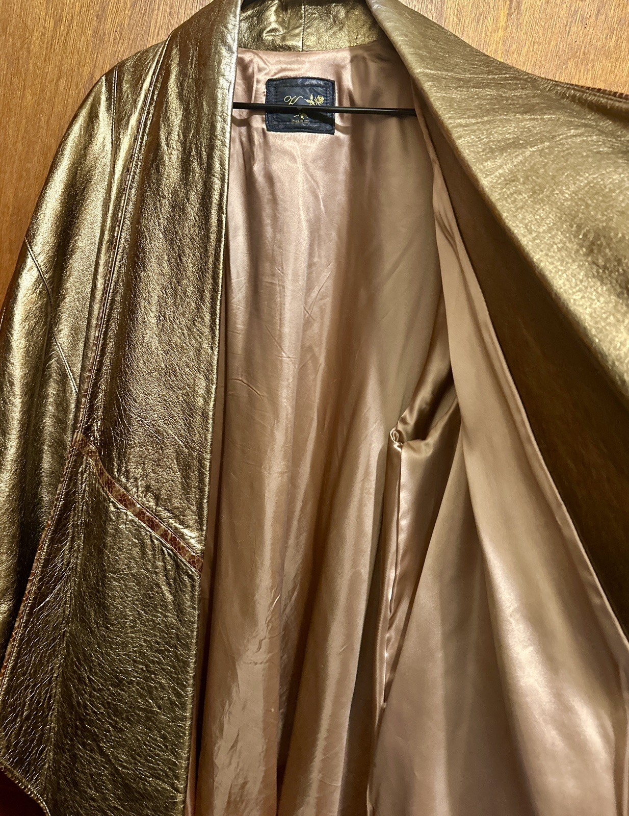 VTG 80s Kanar Gold Lame Metallic Leather Swing Coat Hollywood Glam XL / 2XL