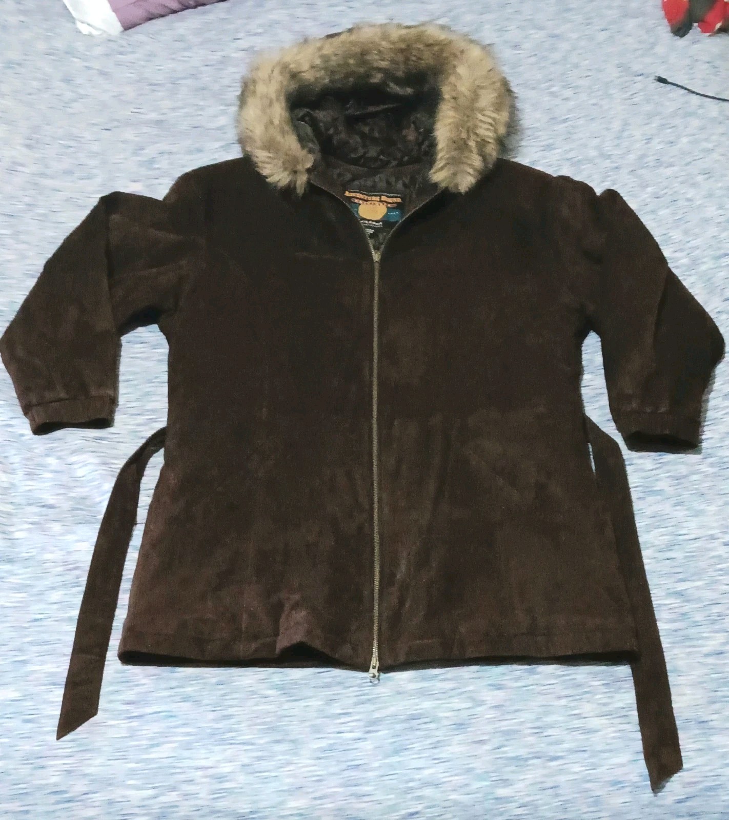 VTG Wilsons Leather Dark Brown Suede Coat Faux Fur hood Women’s SZ L EUC