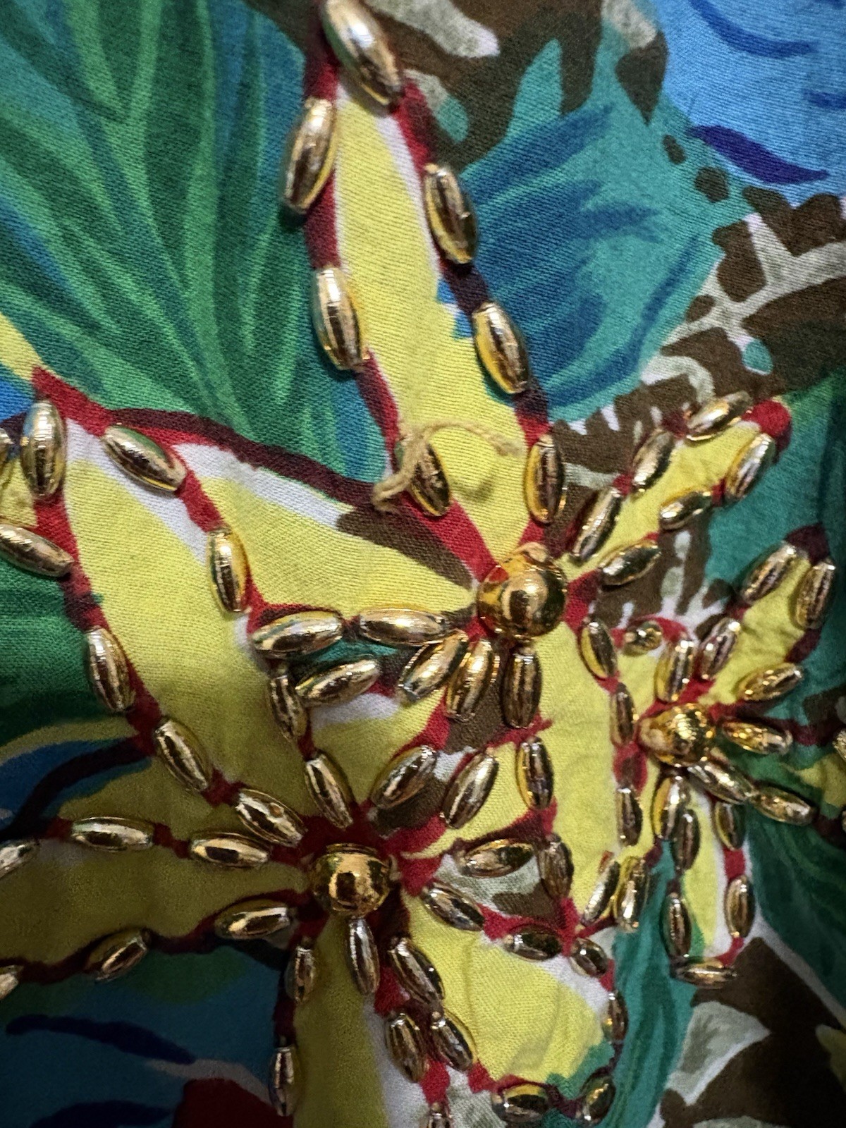 Vintage Roamans Beaded Blouse Size 2XL Gold Beads Bright Flowers Keyhole Back