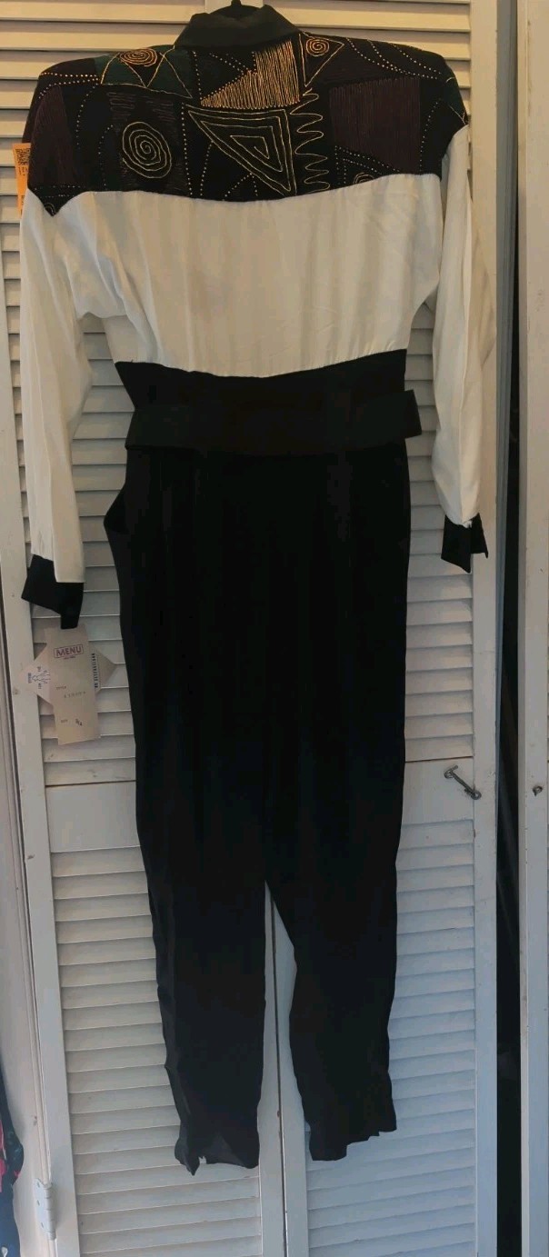 Vintage 80’s Menu Jumpsuit Black Cream Graphic Paint Design NWT Sz 3/4. W1