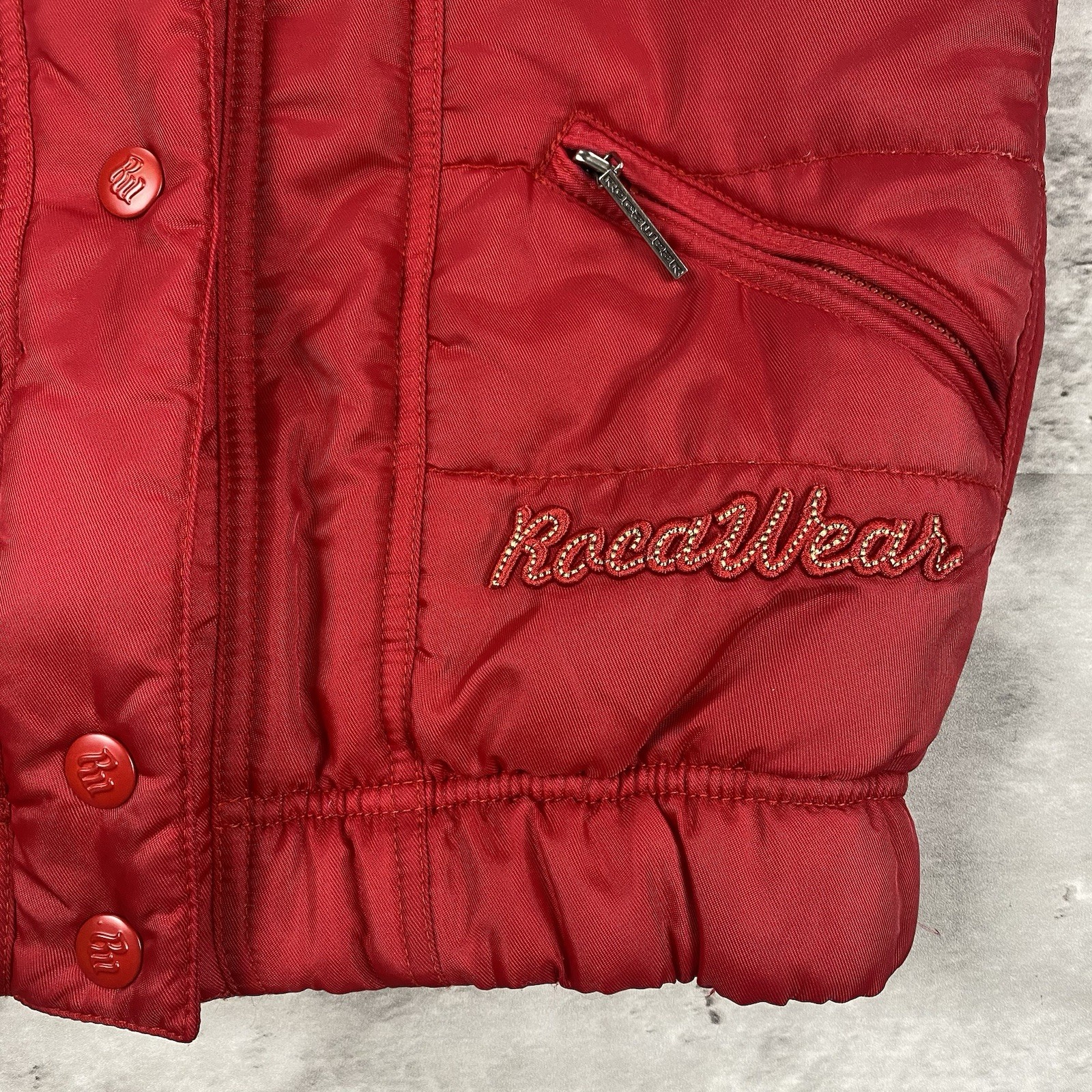 vintage ROCAWEAR vest womens fleece lined red puffer Y2K retro street wear zip