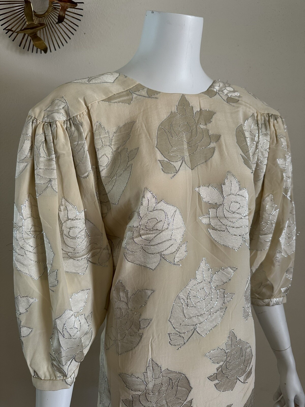 1980s Hanae Mori Silk Dress Metallic Rose Damask Bow Frost Bros VTG