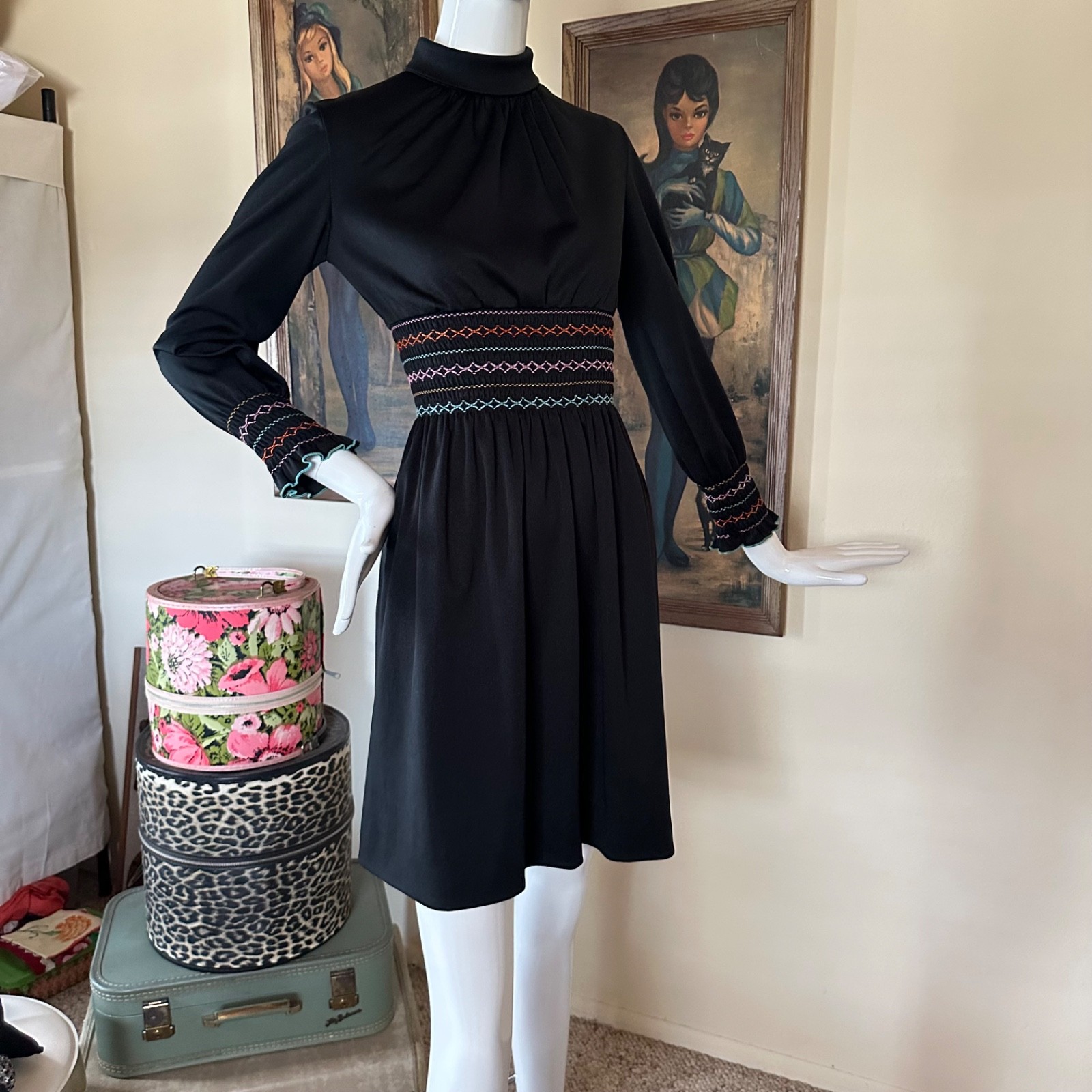 Vintage 1970s Mod Shady Lane Rainbow Smocked Waist Long Sleeve Mini Day Dress S
