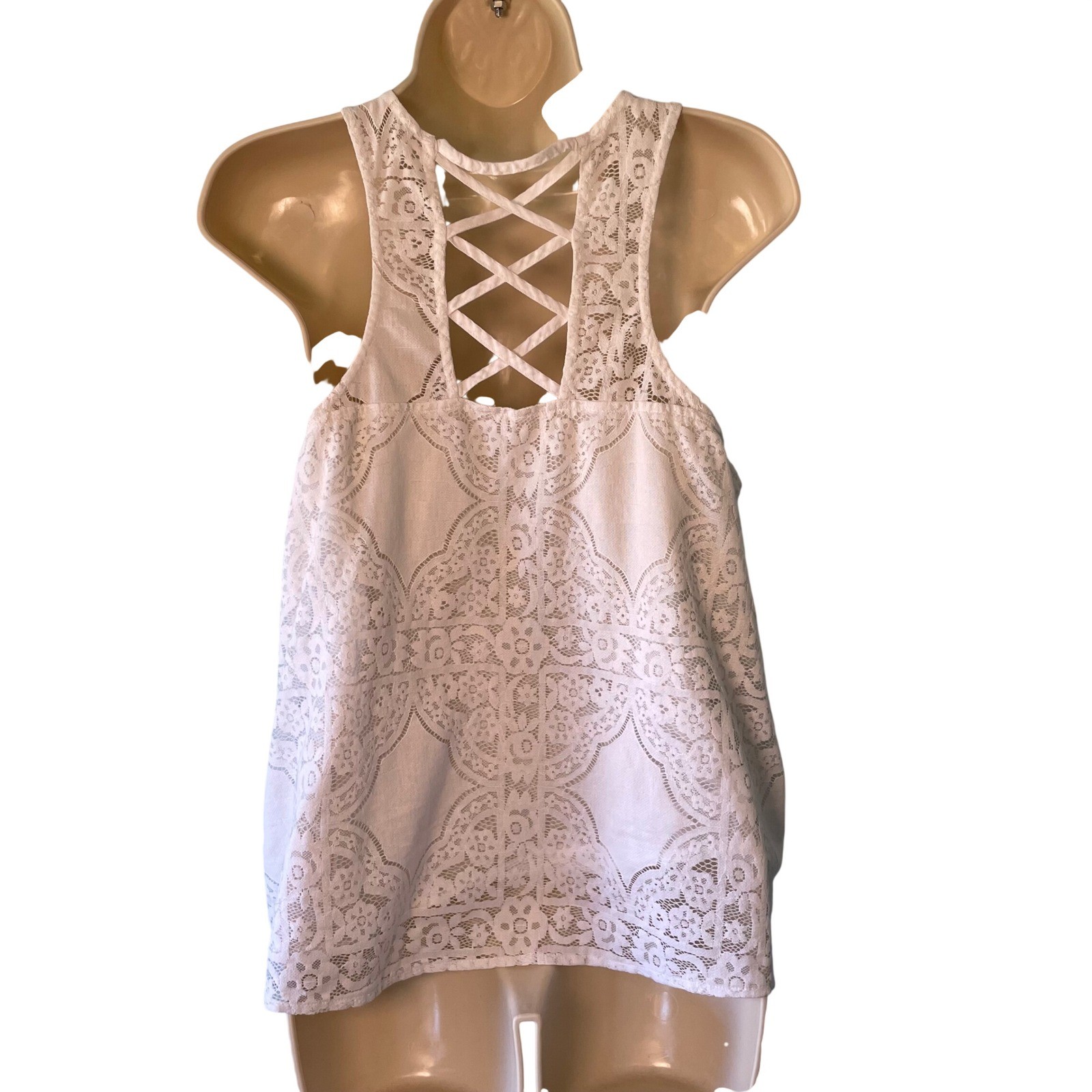 VTG Hollister Women’s Lace Overlay Tank Top Large White Lined Y2K Coquette FLAW