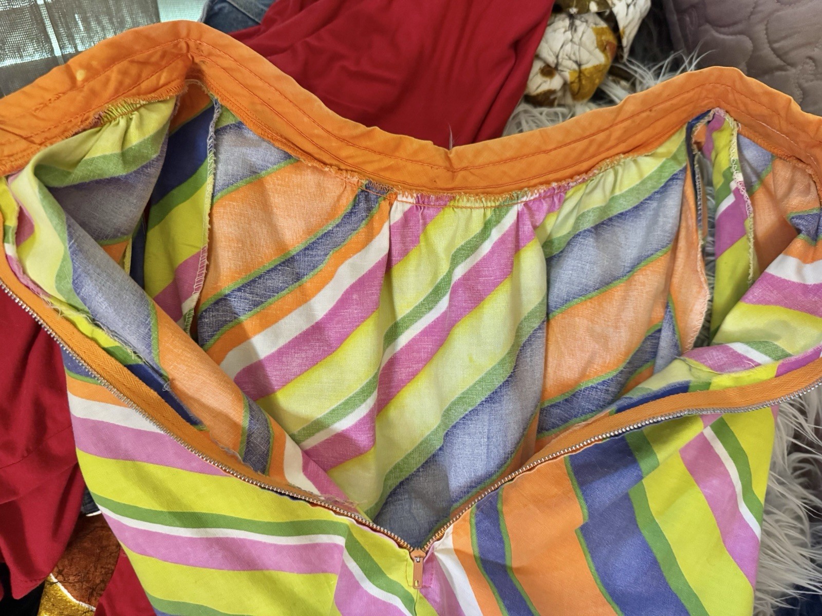 Vtg Stripe Tent A Line 60s Dress Quilted Collar Pocket Cotton XS S
