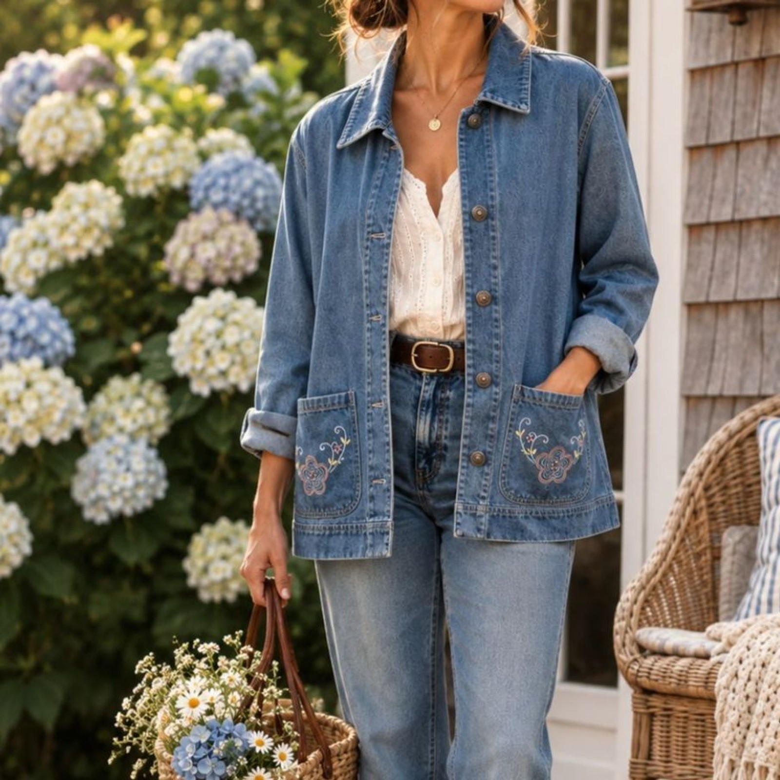 Vintage Embroidered Denim Chore Jacket Floral Cotton Cottagecore L Feminine Fall