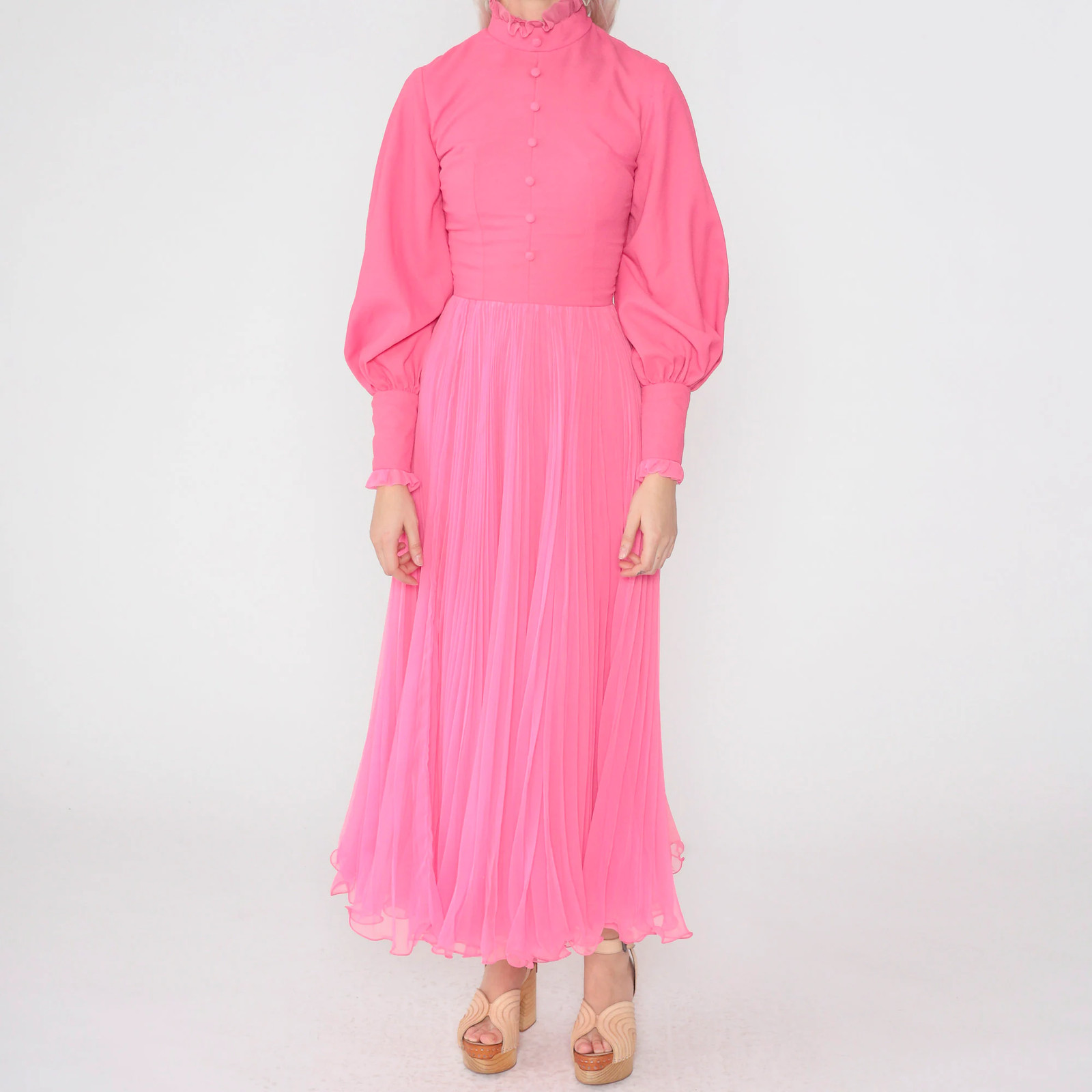 Hot Pink Dress 70s Maxi Dress Long Balloon Sleeve High Neck Ruffled Pleated Chif