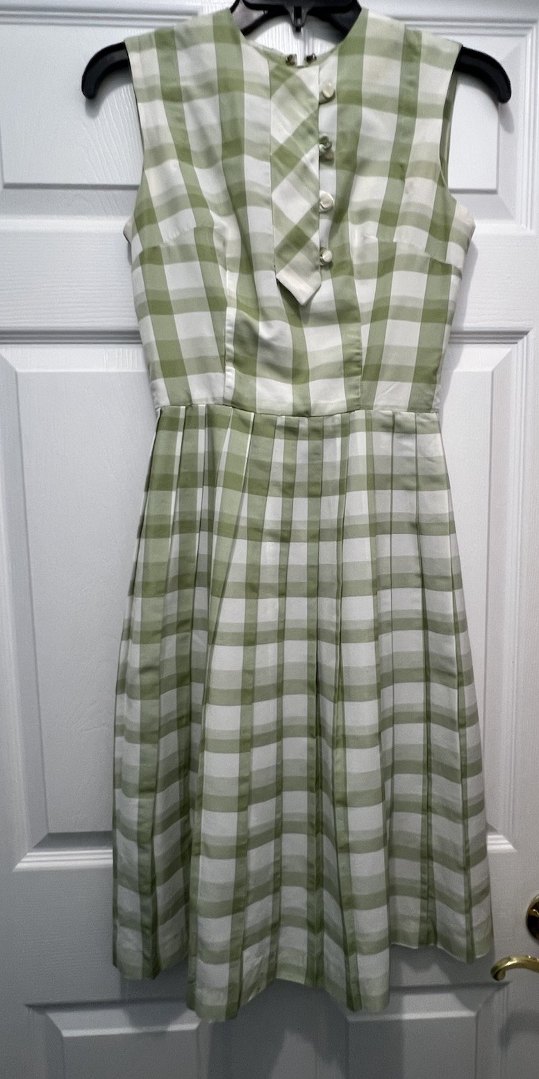 Vintage 1940-50’s Green Gingham Check Dress Zip Pleated No Sleeves XS Homemade