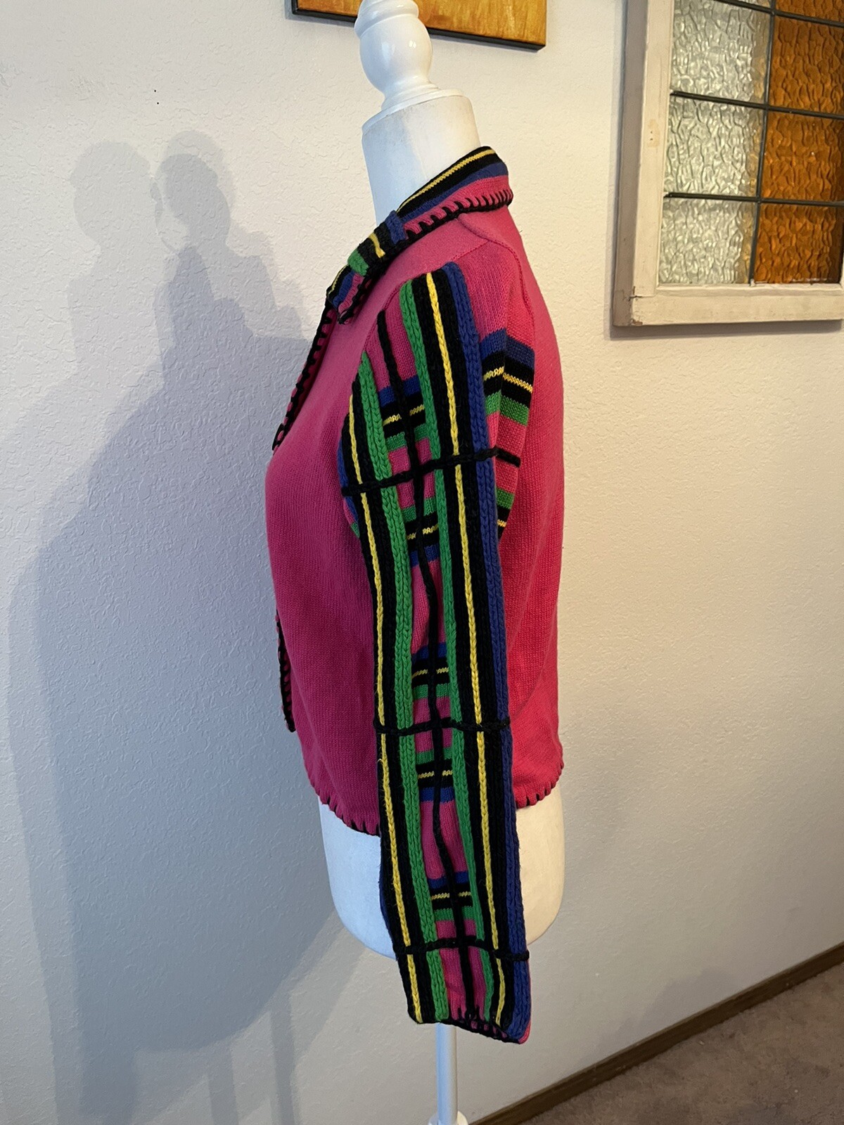 Vtg 90’s Michael Simon Hot Pink Multi Button Up Cardigan Wm Med Petite Collared
