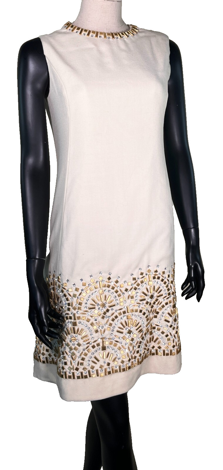 Vintage 1960’s Cream Wool Sheath Dress Art Deco Rhinestones & Gold Plaques