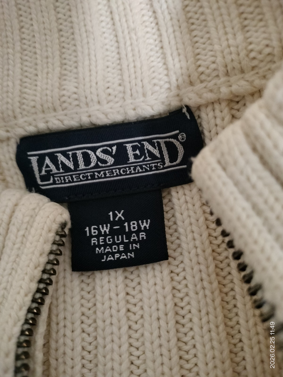 90s Lands End Cable Knit Full Zip Sweater Women’s 100% Cotton Sz 1X Beige