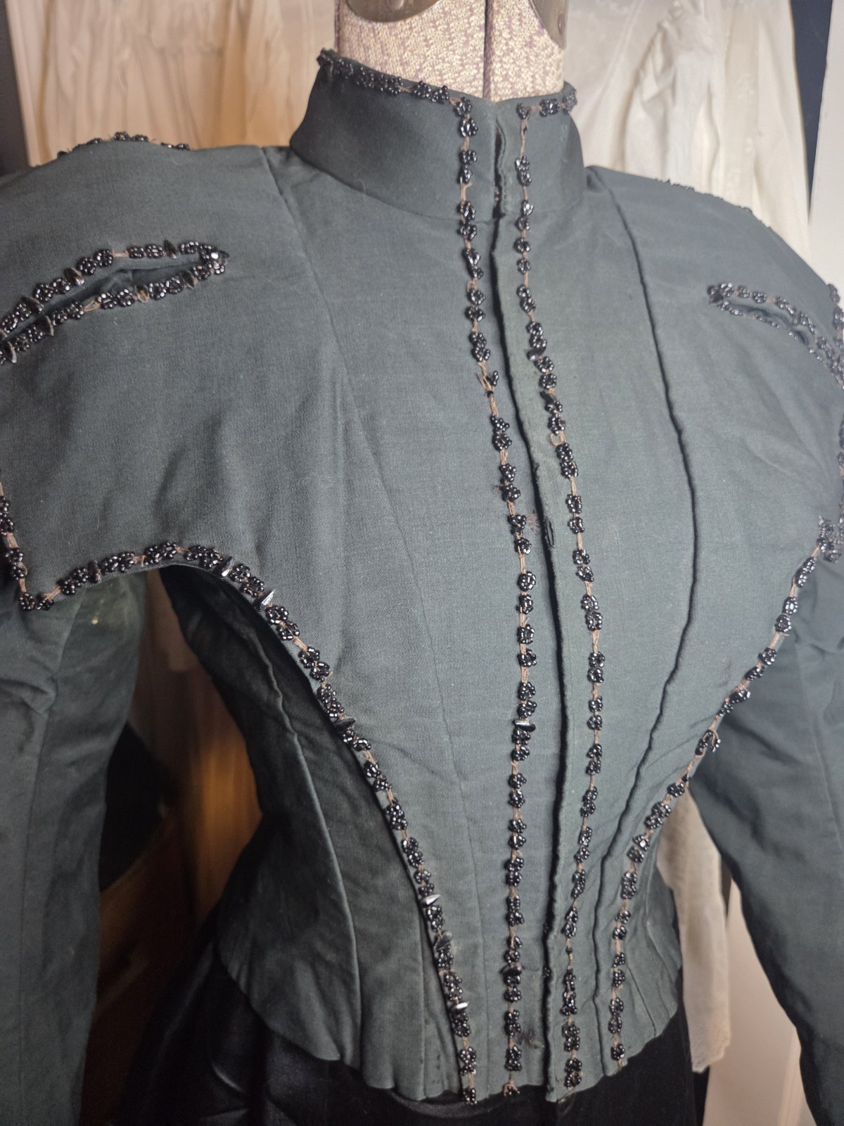 Deep Hunter Green Victorian Cotton Blend Bodice w/ Jet Black Bead Trim