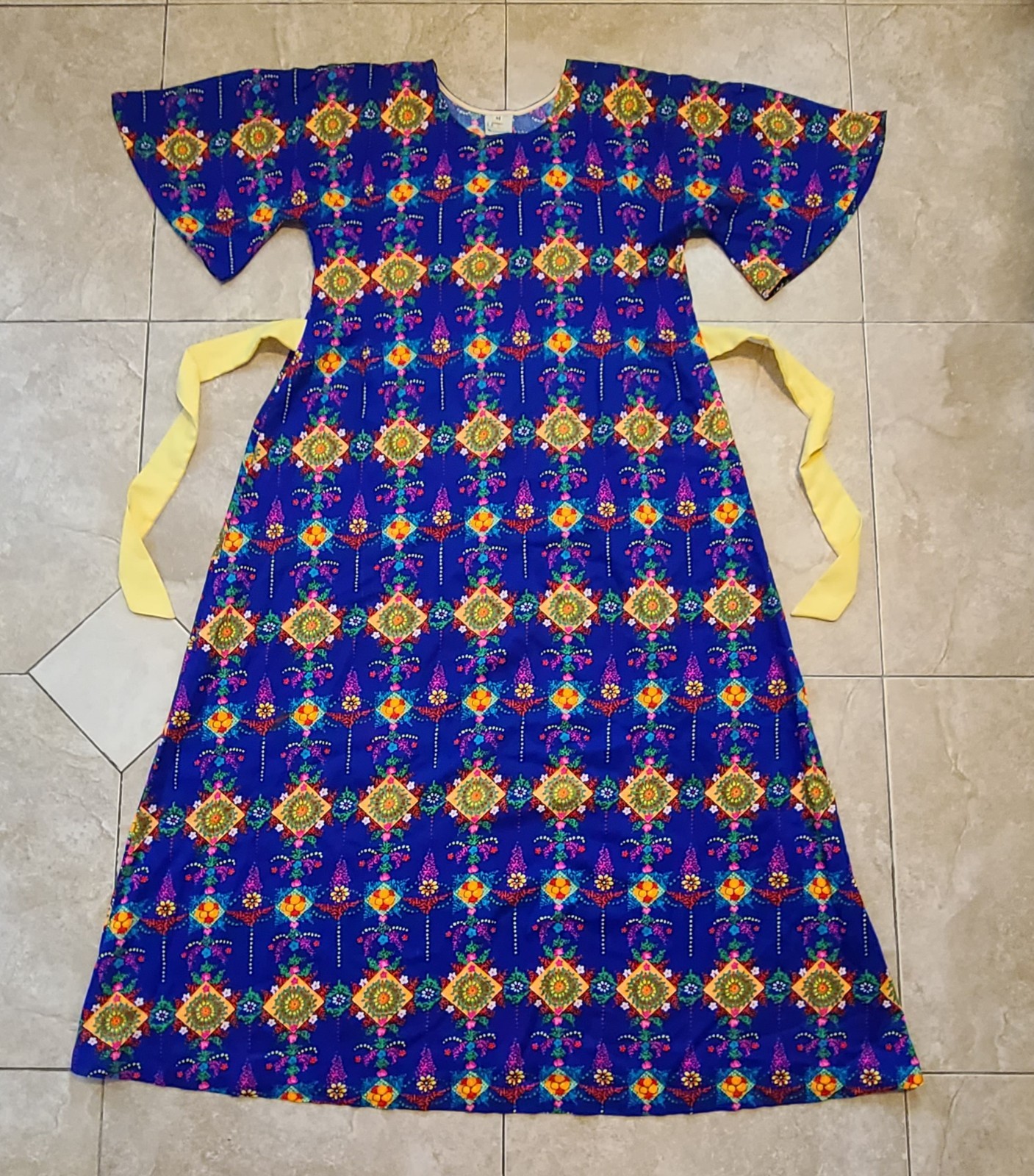 Vintage Greencastle Barkcloth Maxi Dress Blue Geometric Floral Dayglo Festival M