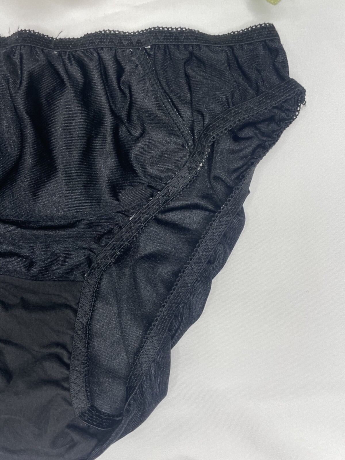 Vintage Sheer Black Nylon Panty Briefs Hip 38-41″ Sz.7/L White Lace Sissy Bikini
